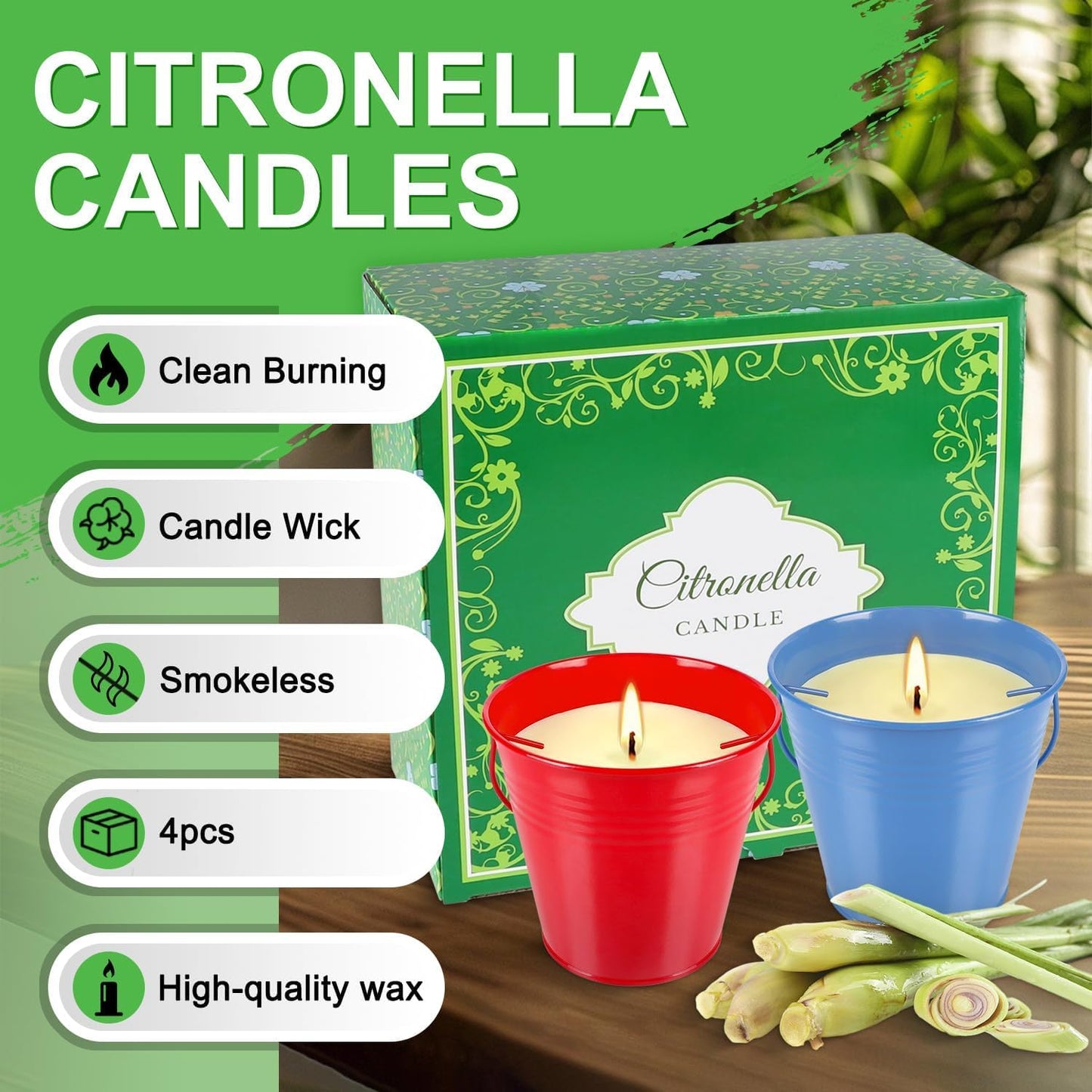4 Pack 12oz Citronella Scented Candles, Colorful Metal Bucket Candles with Handle, Smokeless Clean Burning Candles for Home, Patio, Camping & Outdoor Gatherings