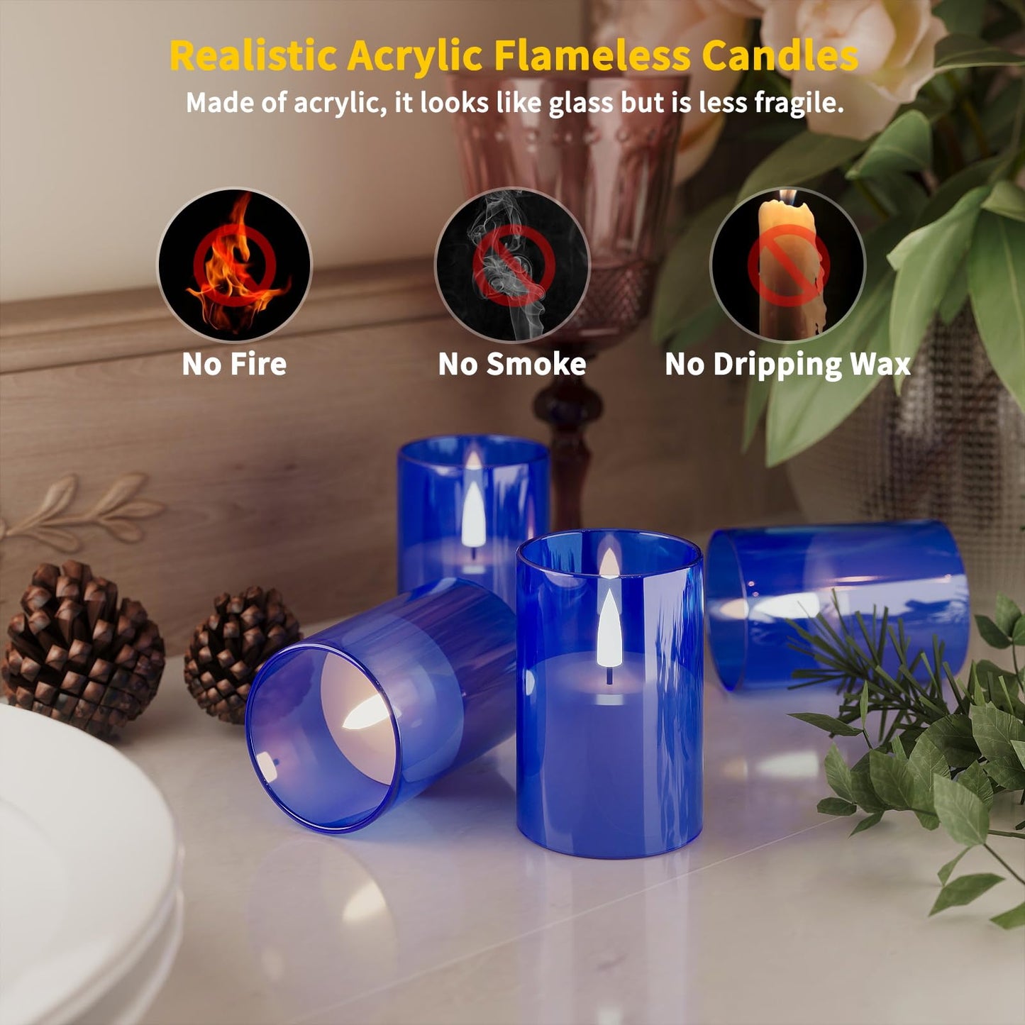 VIODAIM 12Pack Flickering Flameless LED Candles with Timer, Battery Powered - Small Pillar & Votive, Acrylic Made, Blue (2"X3")