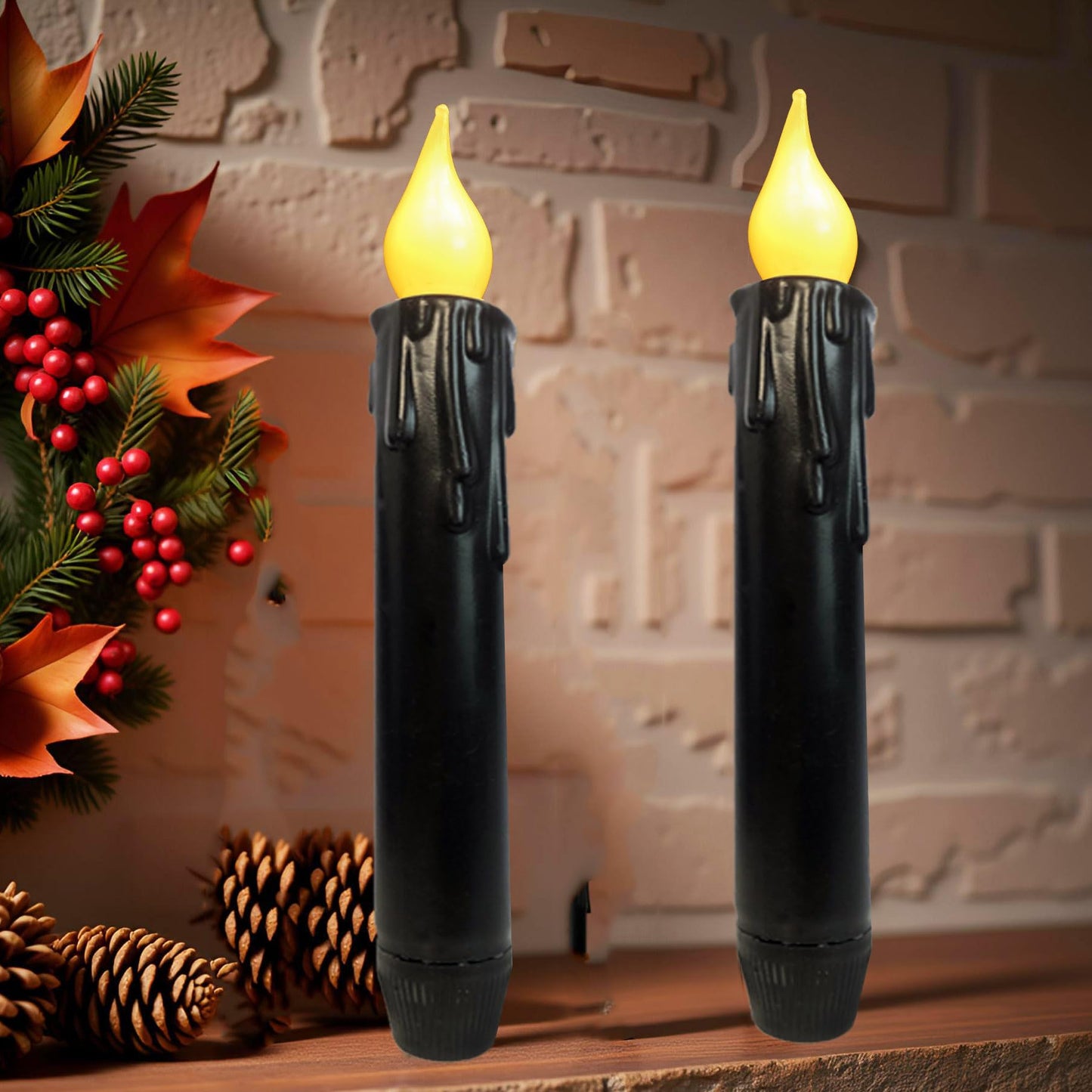 LINCOUNTRY Black Flameless Taper Candles with Timer, Real Wax Set of 2 Battery Operated LED Flickering Candlesticks, 6.75" Halloween Christmas Wedding Fireplace Decor