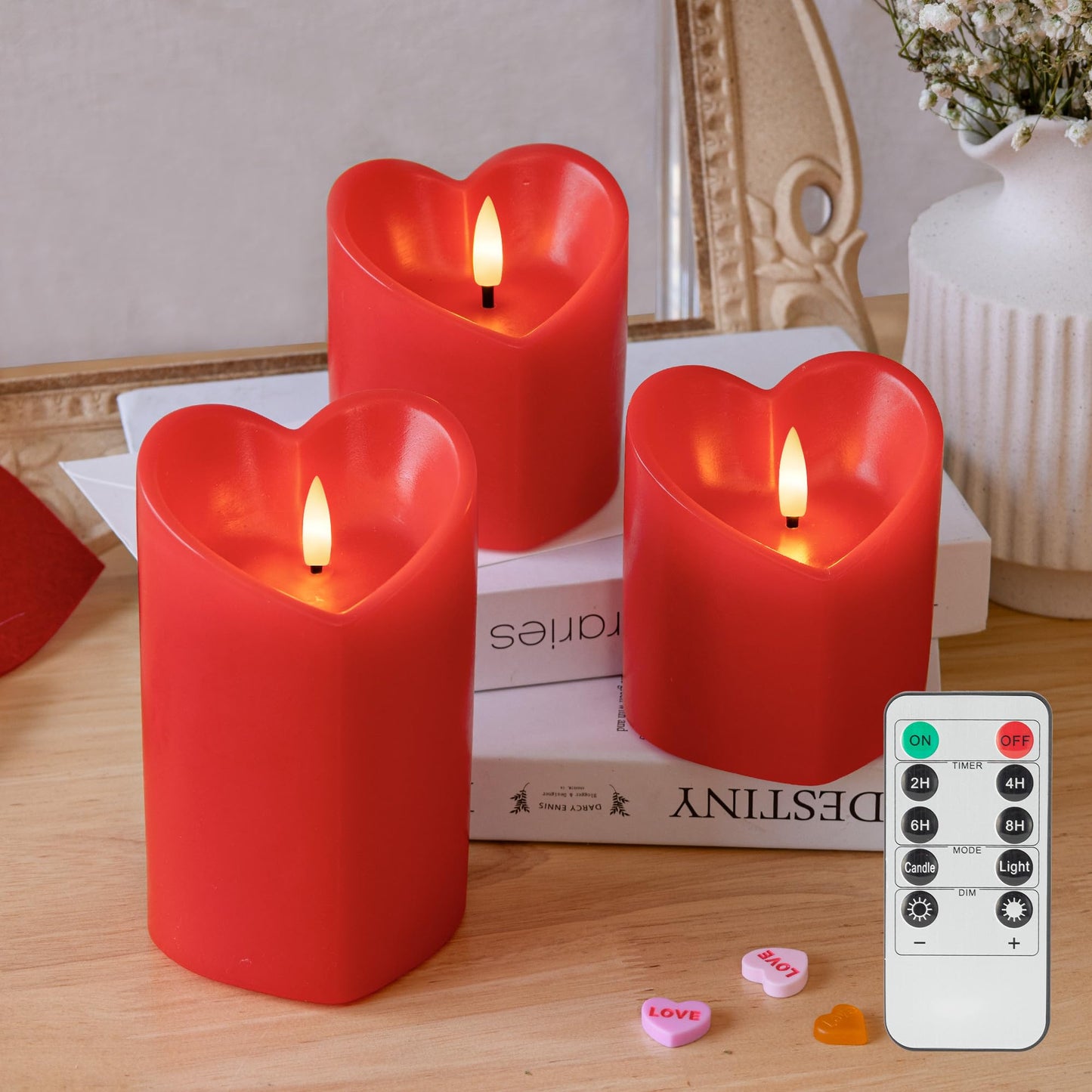 Valentine Day Flameless Pillar Candles with Remote, Real Wax Battery Operated Candles, Heart Shape LED Candle for Romantic Night Valentines Gifts Proposal Anniversary Festival Gift Decor(3 Pack)