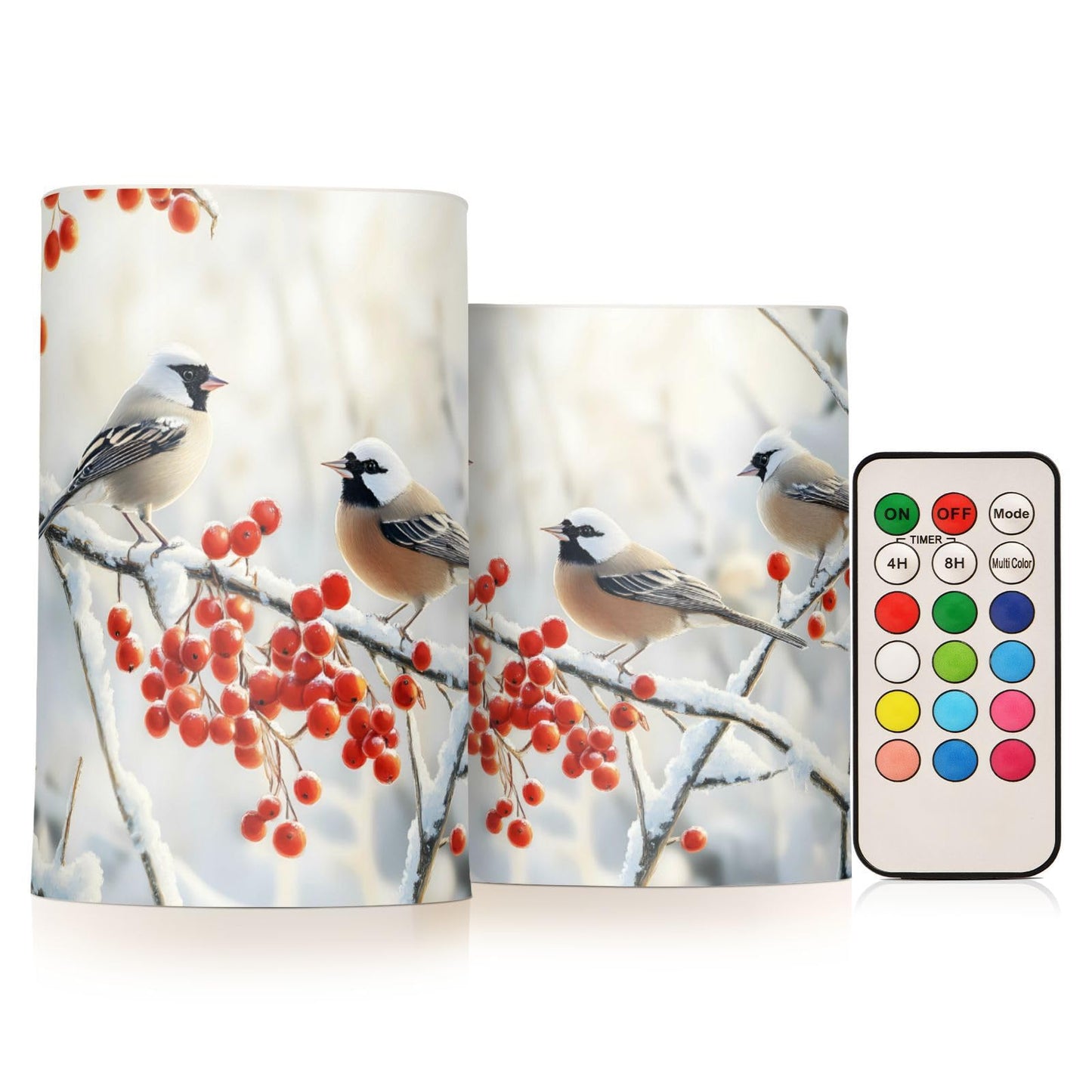 ALAZA Christmas Winter Bird Cherry Snowflake Flickering Flameless Candles Battery Operated with Remote Timer,Tea Light Candles LED Pillar Votive Candles Set of 2 for Outdoor Indoor Decorations