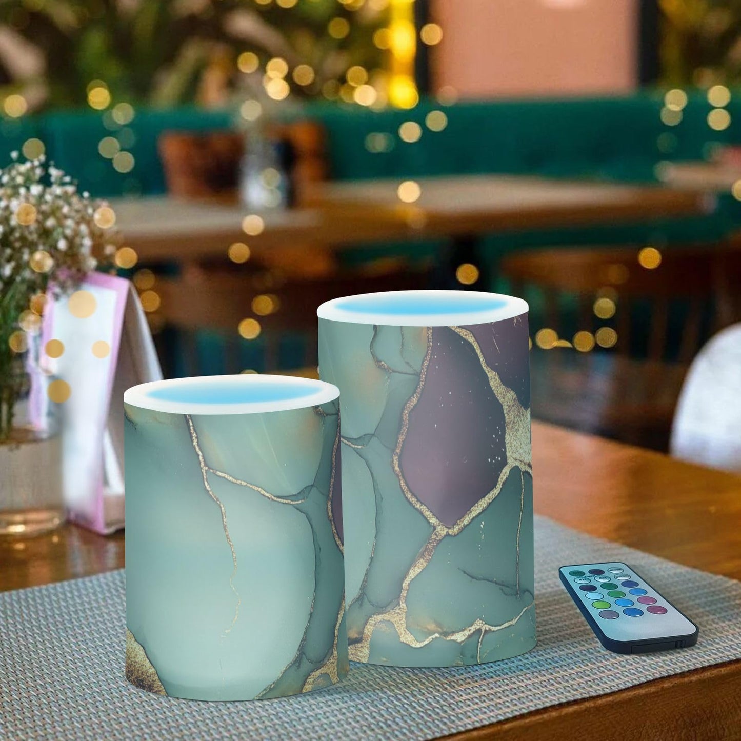 famyily Marble Burgundy Sage Green Flameless Candles Flameless Candle Lantern with Timer for Outdoor 4" 5" Set of 2