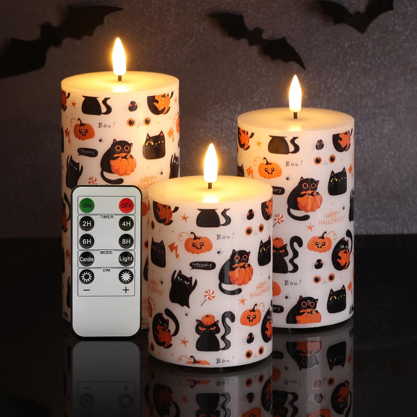 Girimax Halloween Flameless Pillar Candles with Remote, Black Cat Pumpkin LED Wax Candles Battery Operated Set of 3