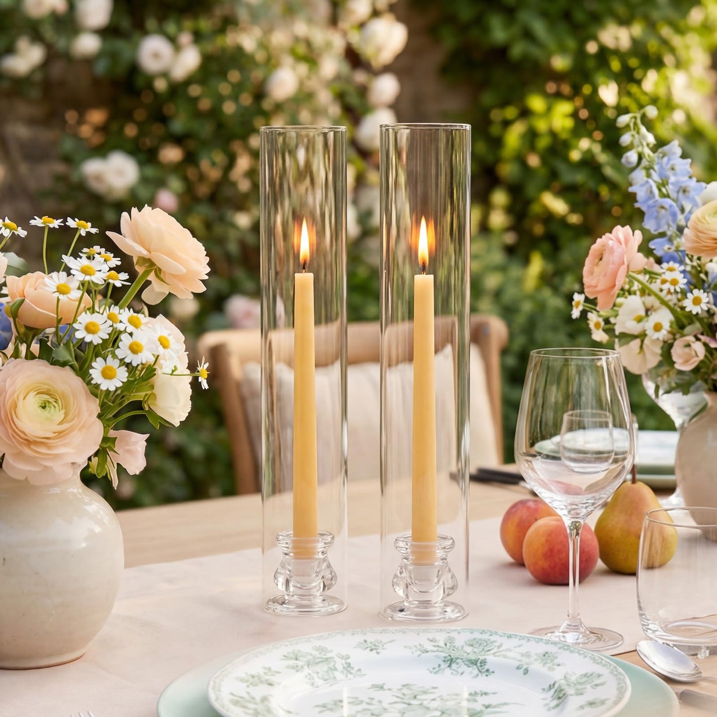Hurricane Glass Candle Holders - Set of 20 Candlestick Holders for Taper Candles, Clear Candle Holder Bulk with 12” Tall Windproof Cylinder Cover for Festival Wedding Table Centerpiece Party Decor