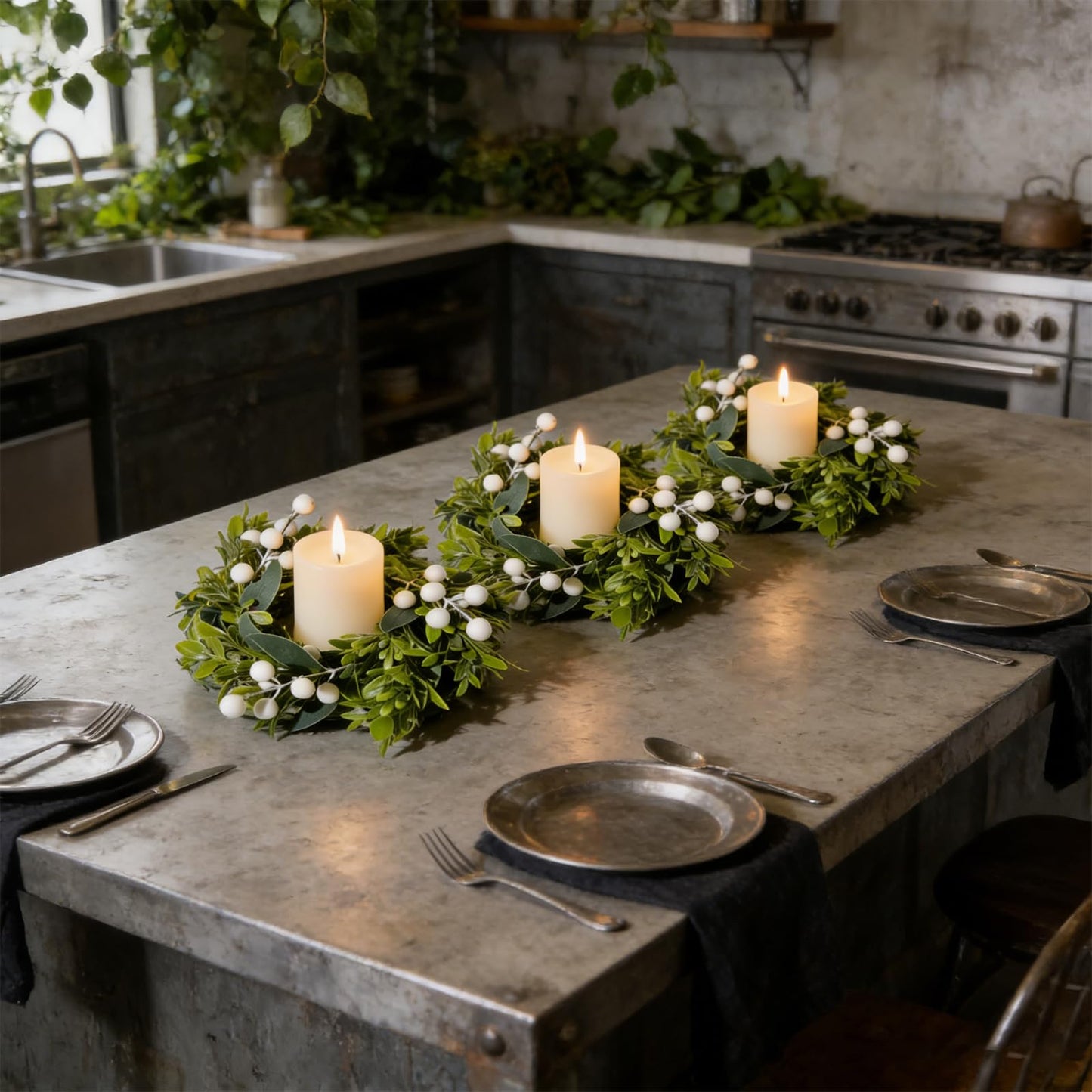 6 Pcs Small Spring Summer Candle Ring Wreaths with Artificial Boxwood Greenery White Berry Branches Mini Pillar Candle Holder Wreath for Home Table Centerpieces Kitchen Wedding Farmhouse Party Decor