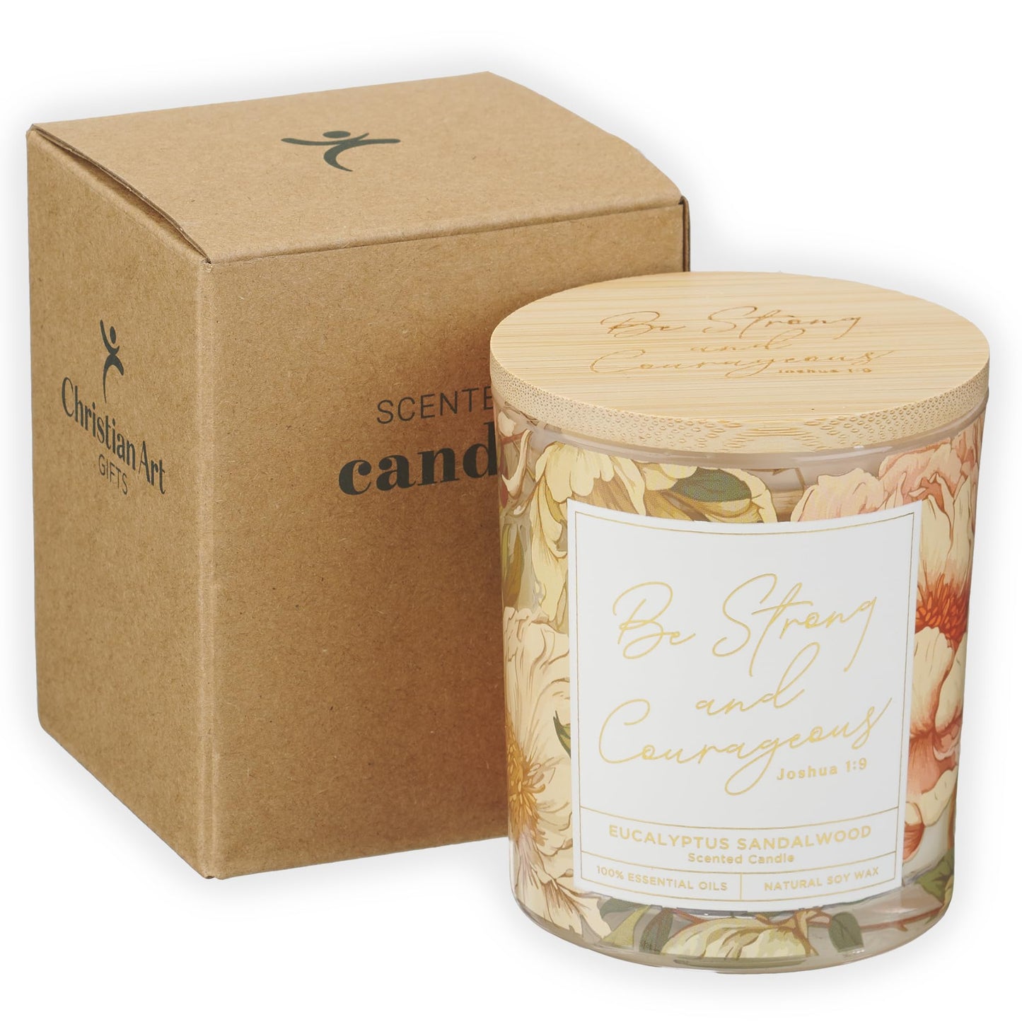 Christian Art Gifts Soy Wax Scented Candle: Joshua 1:9 Bible Verse, Eucalyptus Sandalwood Scent, Pure Essential Oils, 4.5 oz, Up to 20 Hours Burn Time, Glass Jar w/Bamboo Lid, Encouragement Gift