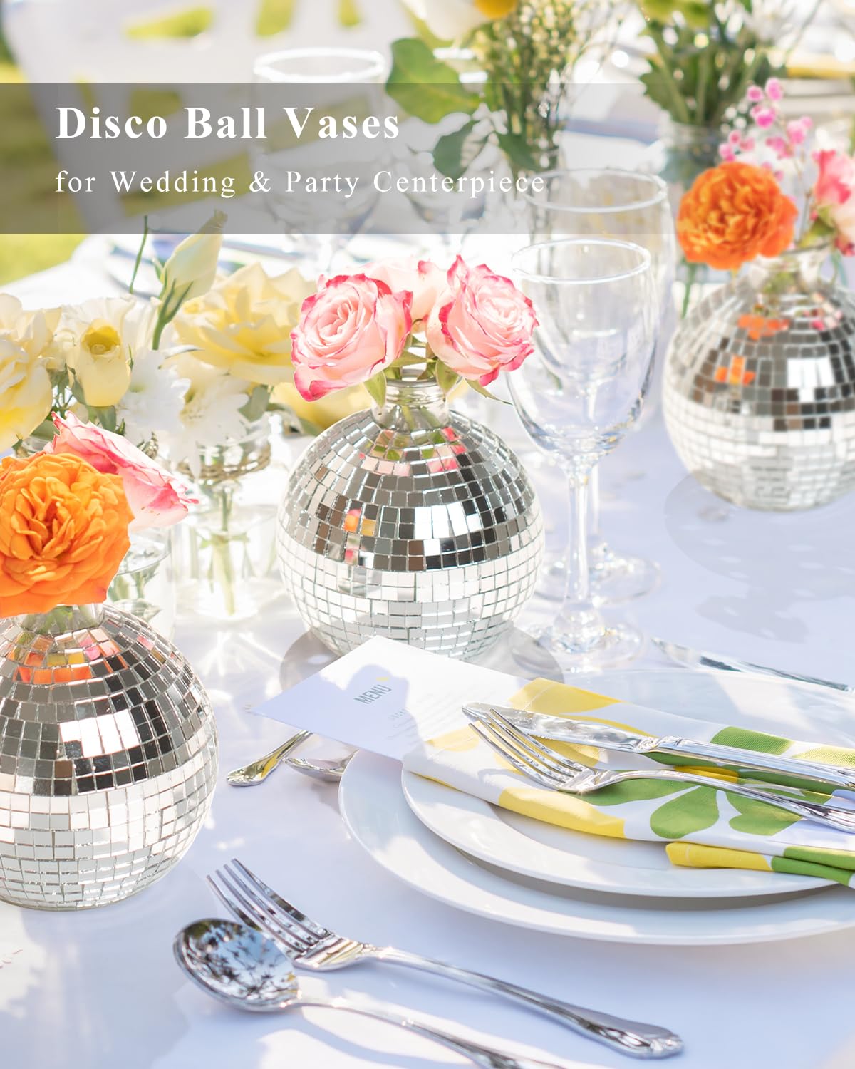 RGBDOT Disco Ball Vase for Centerpieces Disco Ball Planter for Flowers Silver Mirror Glass Disco Ball Decor for Table, Party, Wedding, Birthday, Home, or Bedroom(3.5" X 4")