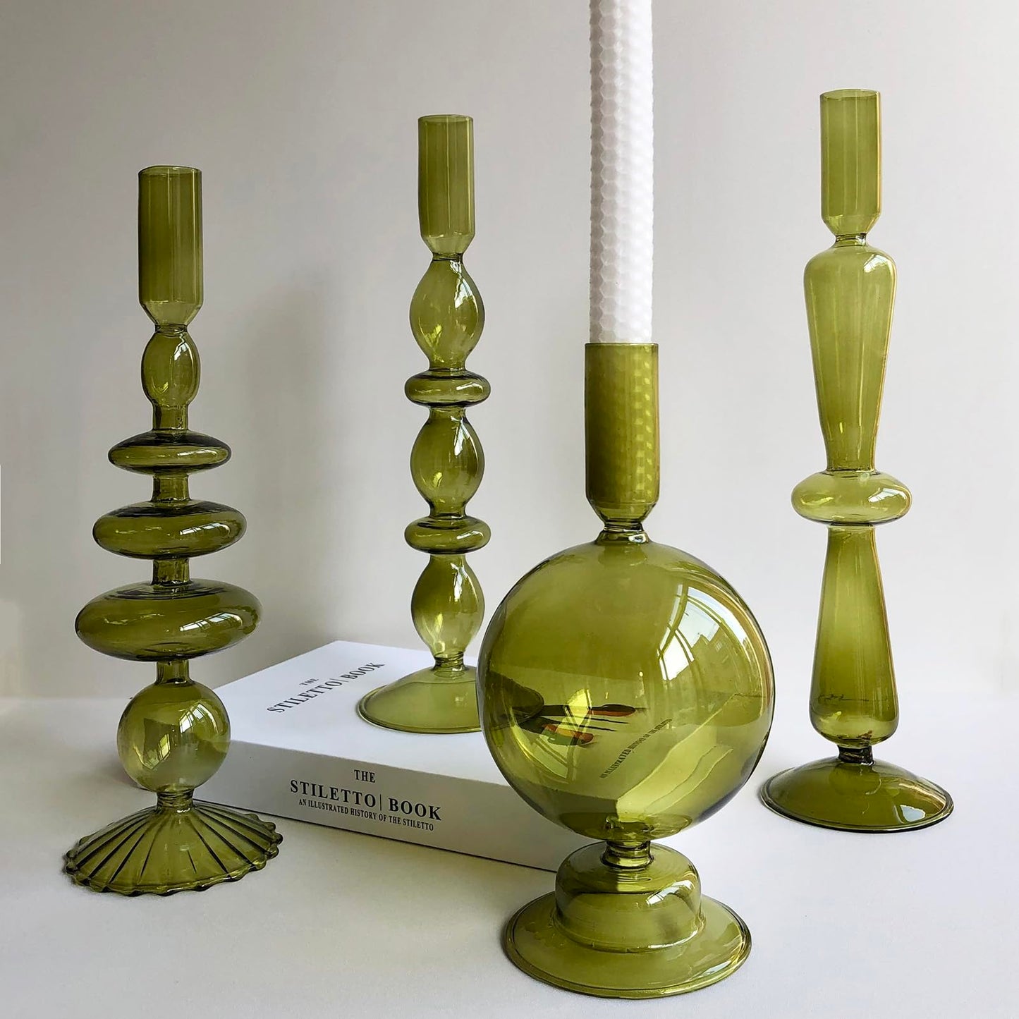 Amanman Candle Stick Candle Holder, Glass Candle Holders for Table Centerpiece, Modern Style Green Candle Holder Mixed 4pcs
