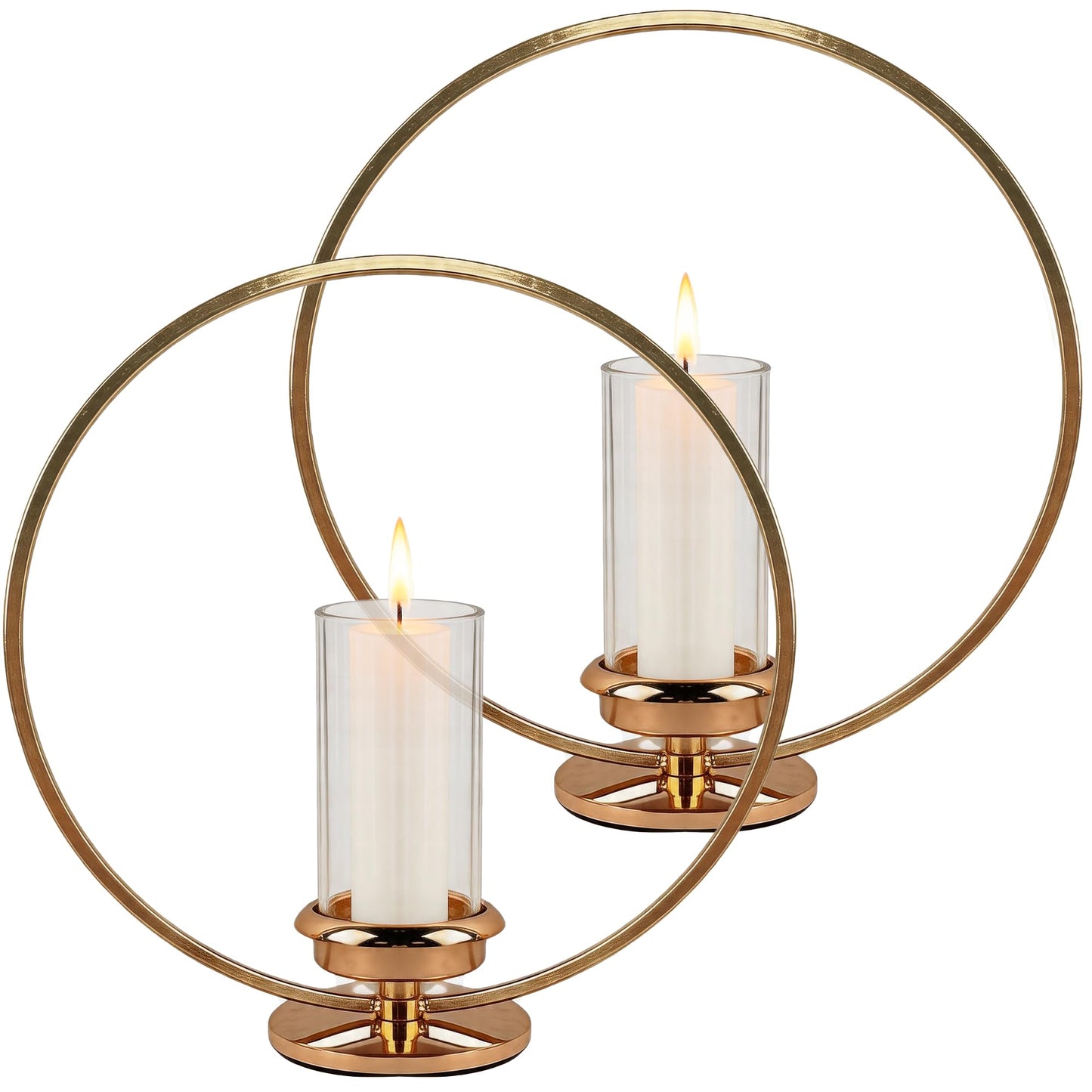 HiSnug Hurricane Candle Holders Set - Circular Metal Candlestick Holders with Glass Sleeve, 2PCS Simple Decorative Candleholder for Dining Table Centerpiece Shelf Home Decor, 2PCS, L+L, Gold
