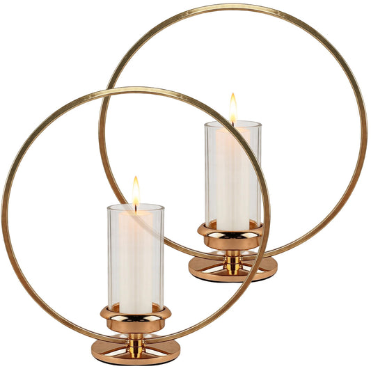 HiSnug Hurricane Candle Holders Set - Circular Metal Candlestick Holders with Glass Sleeve, 2PCS Simple Decorative Candleholder for Dining Table Centerpiece Shelf Home Decor, 2PCS, L+L, Gold