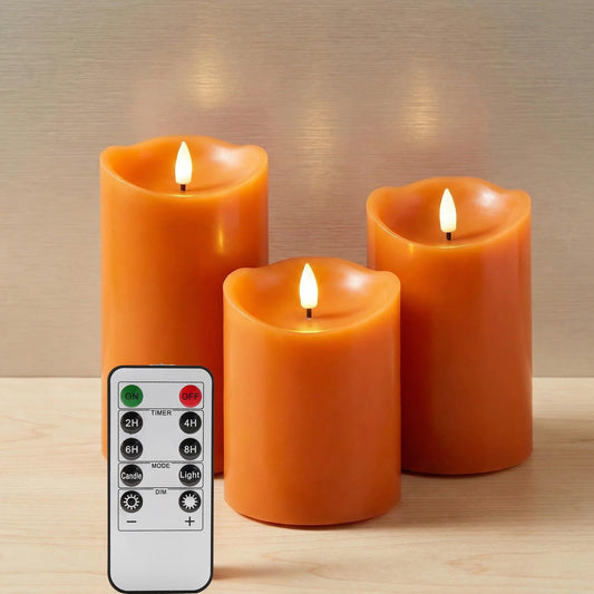 Girimax Burnt Orange Flameless Pillar Candles with Remote, LED Wax Candles Flickering Table Centerpiece Decor Set of 3