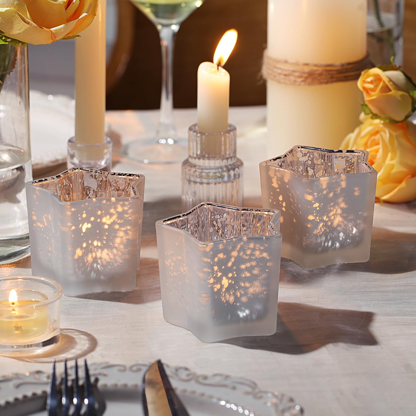 Letine 8pc Frosted White Star Tea Light Candle Holders - Mercury Glass Votive Holders for Wedding, Diwali, Fall & Holiday Decor - Elegant Starlight Vessels (2.44" Height, 1.45" Base)