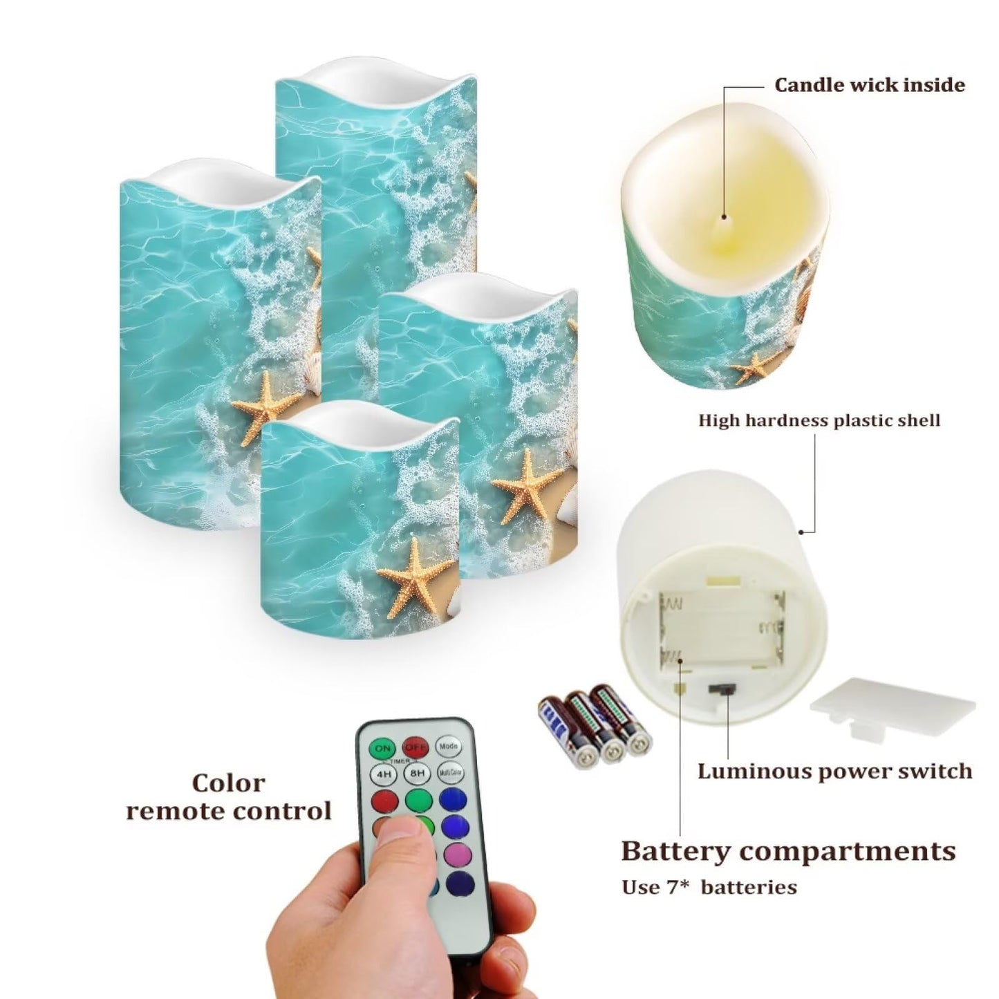 Cozeyat Beach Wave Flameless Candles Set of 4 Battery Powered LED with Remote Timer Flickering for Home Garden Table Beach Decoration