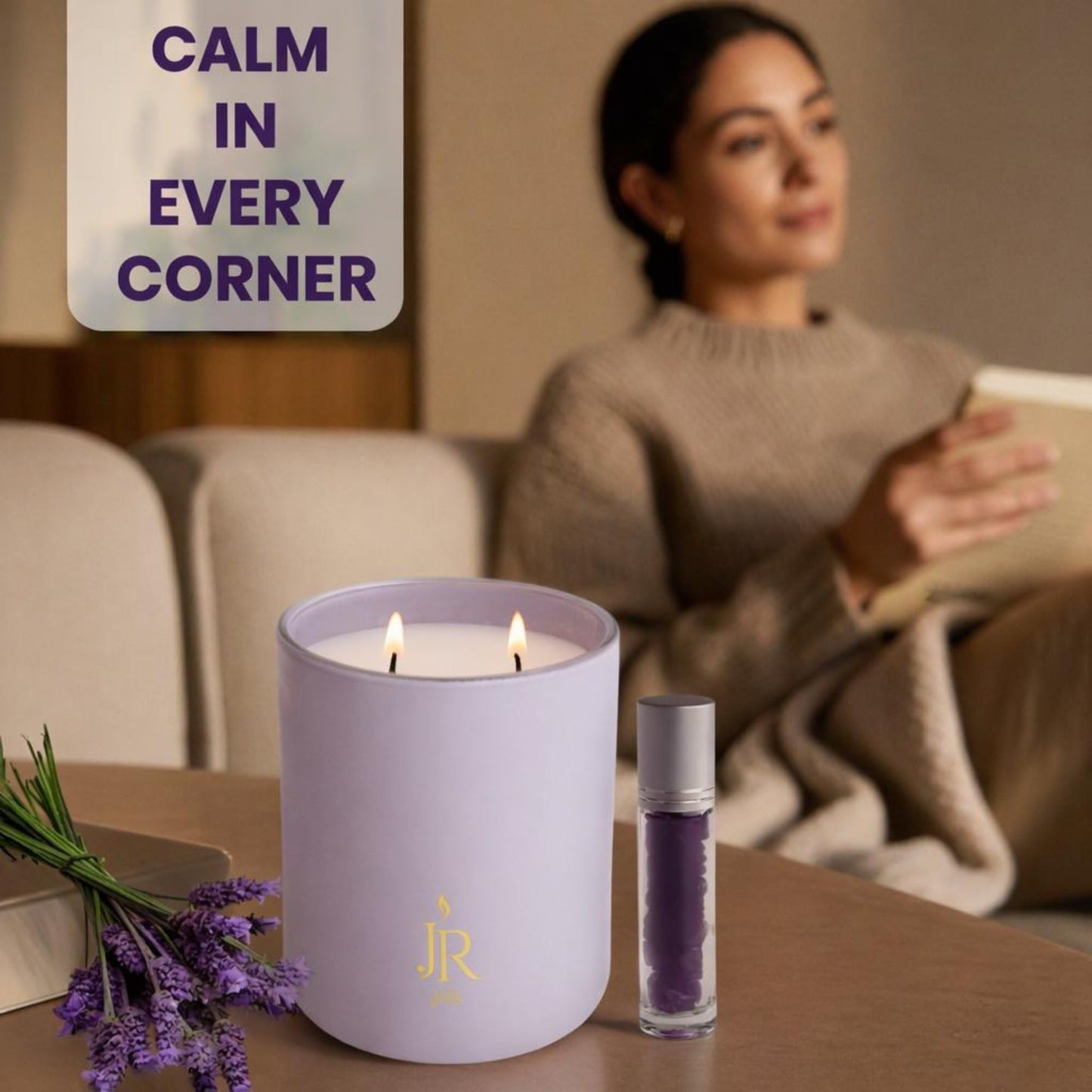 Luxury Coconut Apricot Scented Wax Candle – Lavender, Vanilla & Sage – 12oz Hand-Poured Non-Toxic Scented Candle with Amethyst – 50+ Hour Burn Aromatherapy Candle – Home Decor Gift