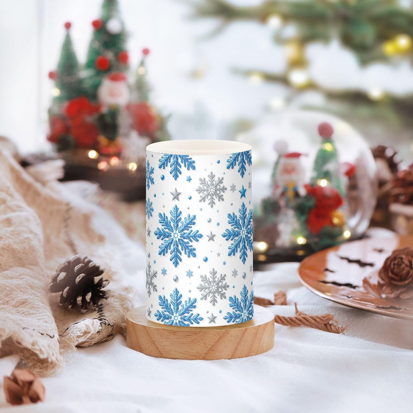 Pigsaly Flameless Candles Battery Operated Winter Stars Christmas Silver Blue Glittering Snowflakes Flickering Led Pillar Candles with Remote Control Colour Changing Warm Light Candles for Hallowee