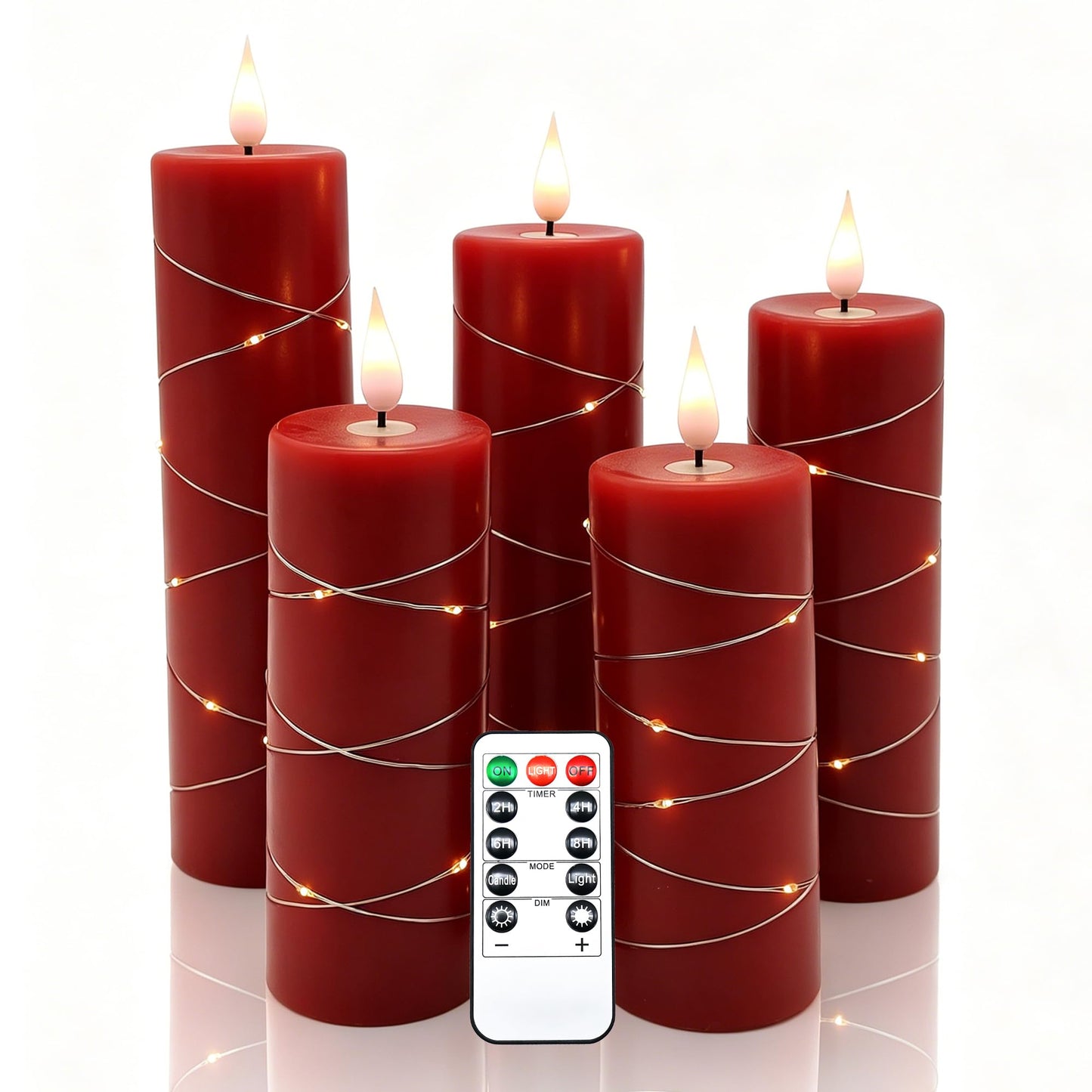 Kiexung Red Flameless Candle Fairy String Light, Water Drop Flame, Advanced LED Flame Simulation with Remote and Timed Candles, 5-Cell Battery Powered，Christmas Candle