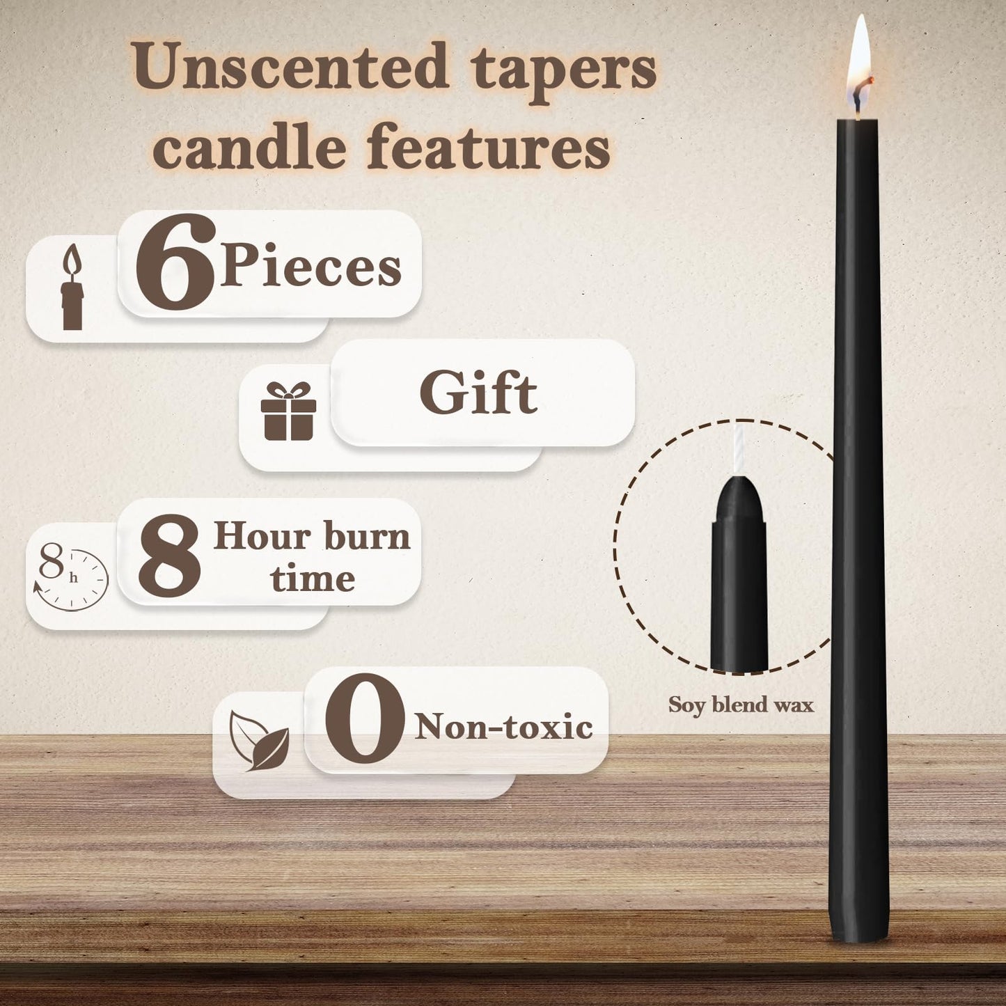0.87×12 Inch Black Taper Candles, 6 Pack Halloween Taper Candles with Cotton Wicks, Unscented and Smokeless Tall Candlesticks Ideal for Weddings, Dinner Festivals, and Home Décor