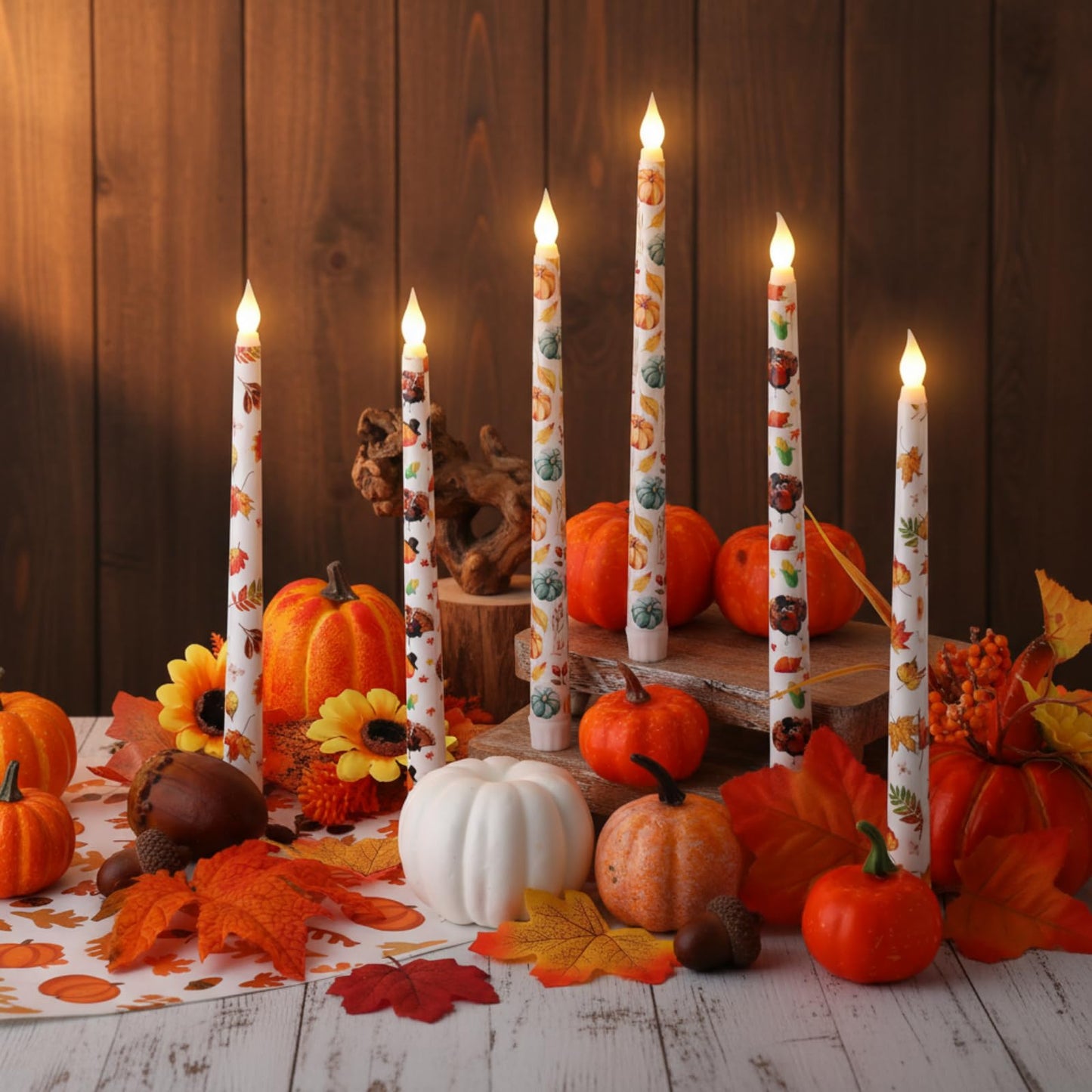 Kittmip 6 Pcs Thanksgiving Flameless Taper Candles 11 Inch Harvest Battery Operated LED Fall Leaves Pumpkin Turkey Candles Table Centerpiece for Home Party Decor