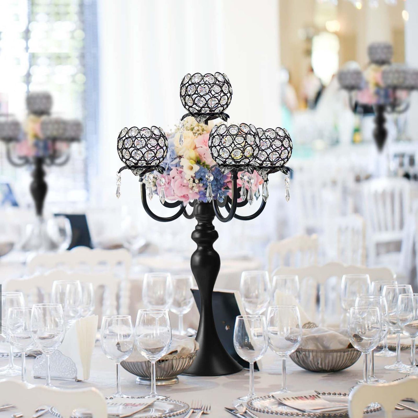 Kehail Crystal Tea Light Candle Holders Set - 14" L x 22.5" H Matte Black Metal & Sparkling Accents, Wedding & Party Centerpiece Decor(2, Black)