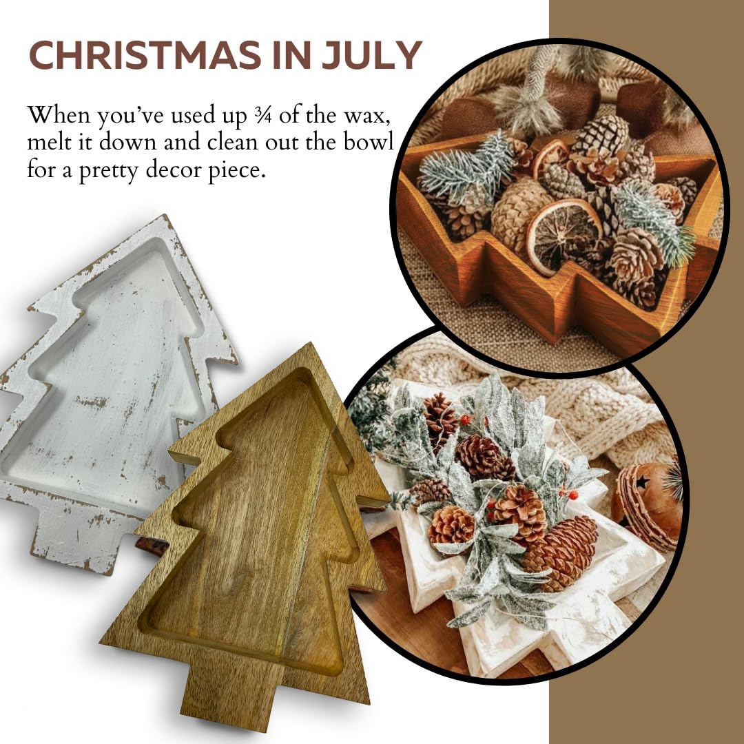Dough Bowl Candle Co. Christmas Tree Shaped Candle - 14x10x2 6 Wick Brown Large Wooden Bowls for Decor, Mistletoe, Pine, Fir, Cedarwood Scented Decorative Wood Bread Bowl, Rustic Vegan Holiday Gift