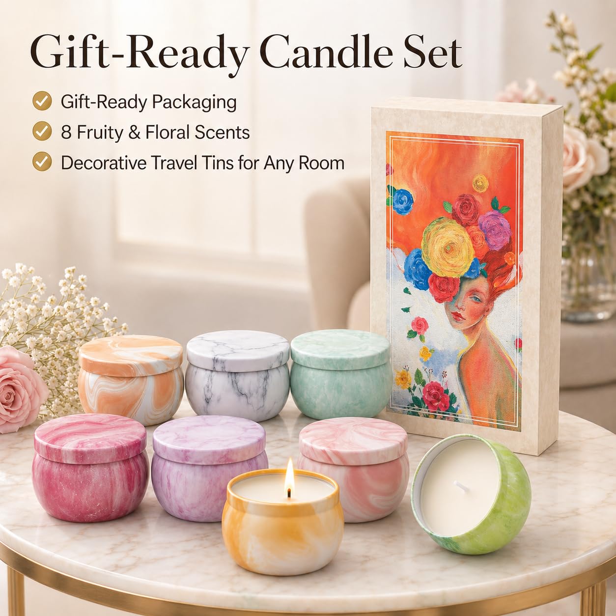 Scented Candles Gift Set for Women, 8 Pack Fruity Floral Soy Wax Aromatherapy Candles, Travel Tin Candles in Artist Gift Box, Birthday Gifts for Mom, Wife, Sister, Friend, Mother's Day, Christmas