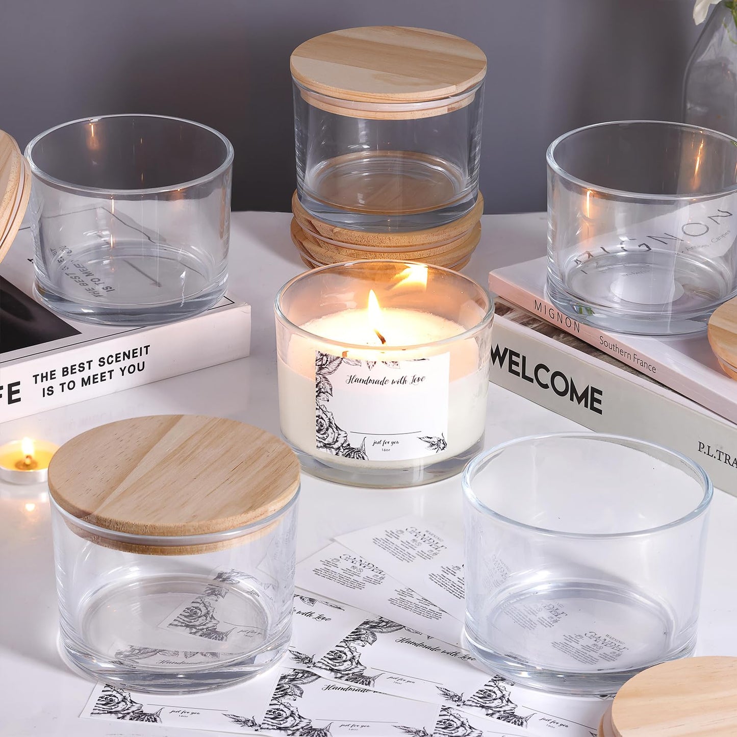 simeitol 16 OZ Clear Candle Jars for Making Candles 6 Pcs, Glass Candle Jar with Airtight Bamboo Lids - Empty Candle Jars Bulk with Sticky Warning Labels - Dishwasher Safe