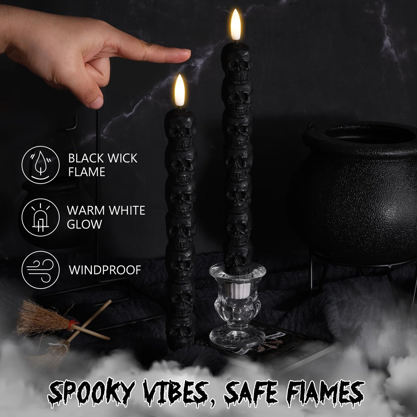 Eywamage Halloween Flameless Taper Candles with Remote, Spooky Black Skull LED Candlesticks Battery Operated Flickering Real Wax Set of 2
