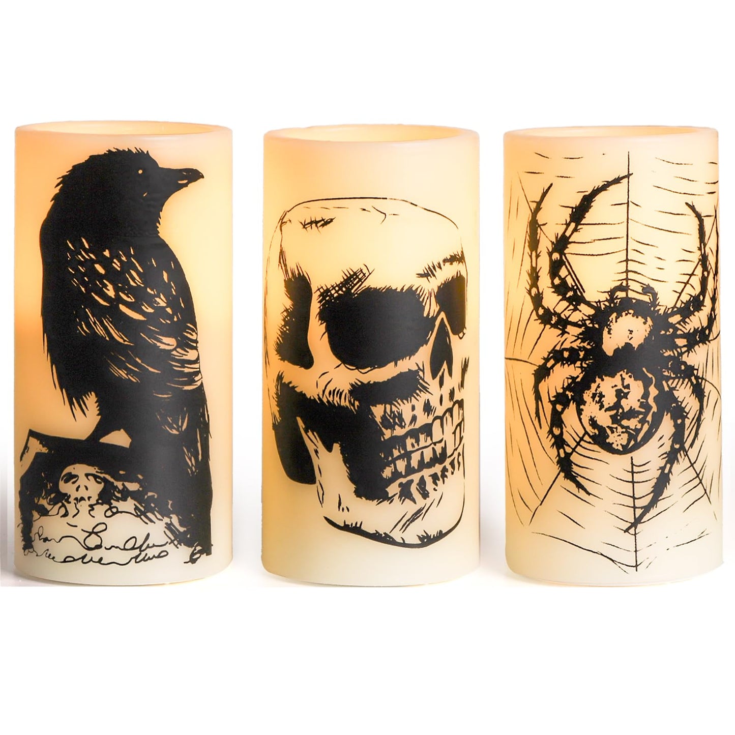 Hbaushun Halloween Flameless Candles LED Flickering Candles with Skull, Crow, Spider Web Decals,Battery Operated with 6 Hour Timer Halloween Decorations Horror Themed Candles(3 Pack, D3 x H6)