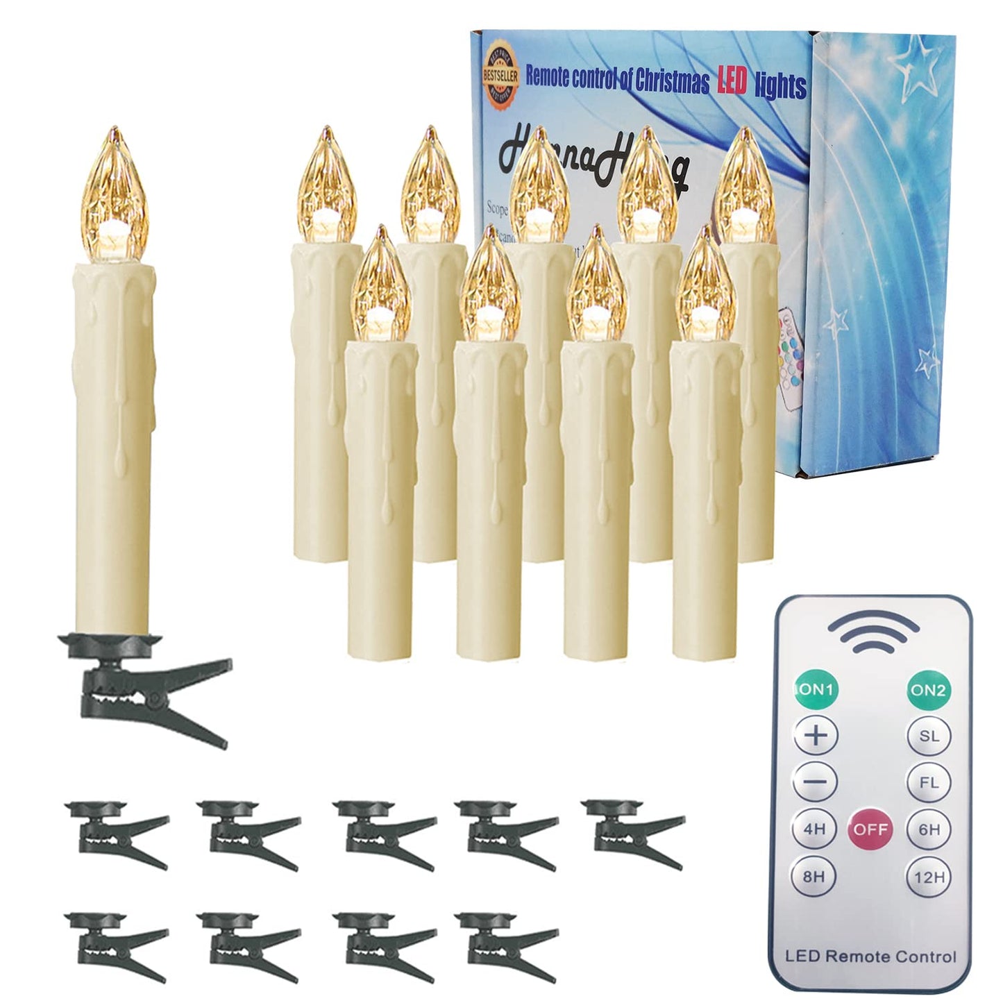 HANNAHONG 10 pcs LED Flameless Taper Candles with Remote,Small Mini Electric Dimmable Flickering Fake Wax,Battery Operated,Windows Clips Lights for Stick Candelabra,Wreath,Christmas Decor