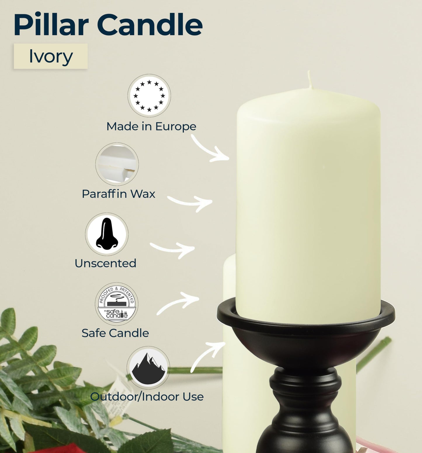 HYOOLA Ivory Pillar Candles 2x3 Inch - 12 Pack Unscented Bulk Pillar Candles - European Made