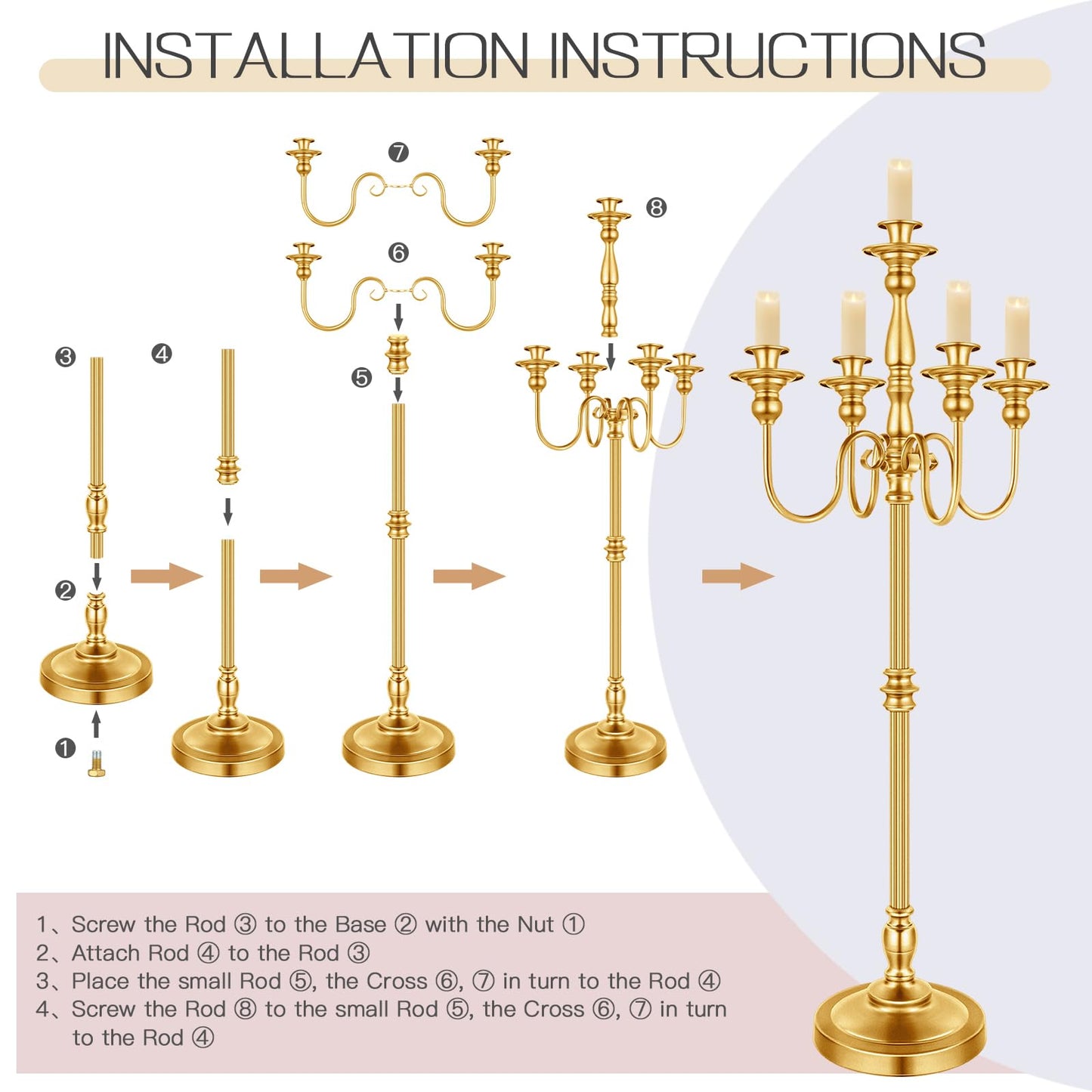 2 Pcs Gold Wedding Floor Candelabra 50 Inch Antique Led Candle Stand Metal 5 Arm Candelabra Centerpiece Decoration for 5 Candlesticks Bridal Shower Christmas Aisle Event Birthday Party Ceremony Home