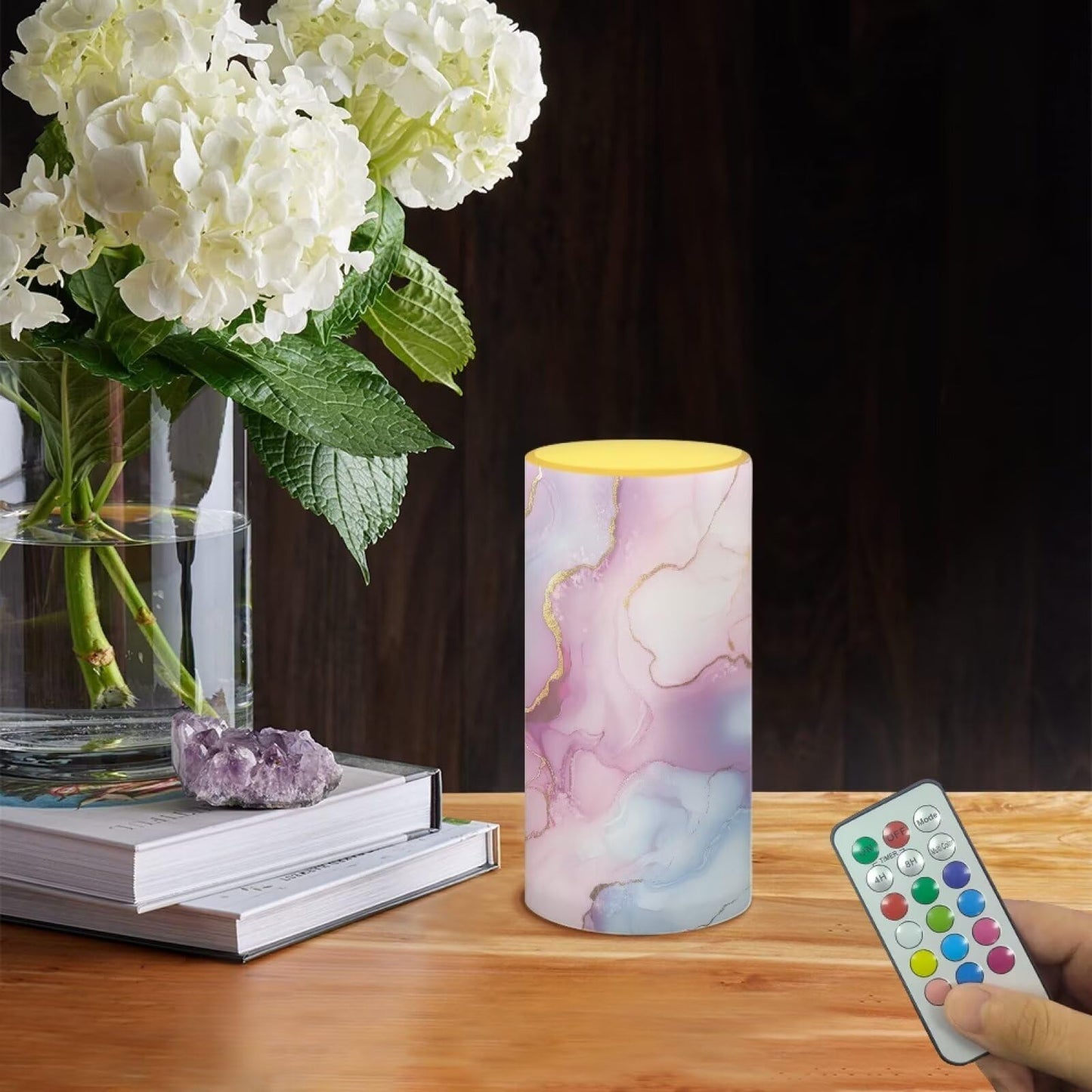 Merkmak 1 Pack Pink Blue Marble Flickering Flameless Candles Battery Operated with Remote and Timer LED Pillar Candles Bulk for Camping, Weddings, Lanterns, Home Decoration