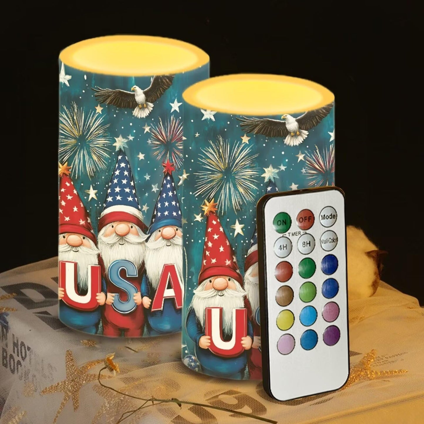 NETILGEN USA Flag Cute Gnome Print 2 Pcs Flameless Candles Battery Powered LED Pillar Candles with Timer Remote 4th of July Patriotic Independence Day Decor