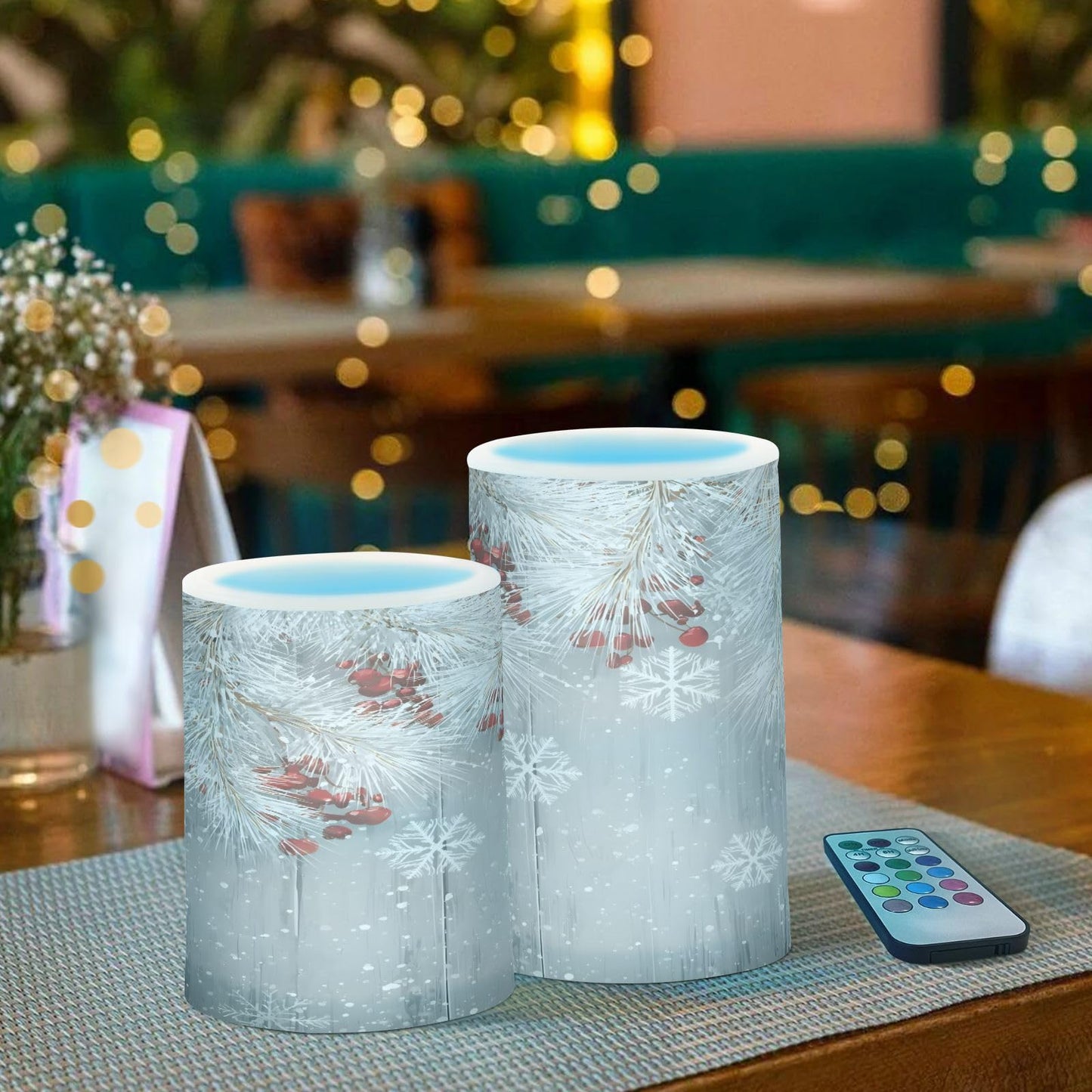 ALAZA Silver Winter Christmas Tree Snowflake Flickering Flameless Candles Battery Operated with Remote Timer,Tea Light Candles LED Pillar Votive Candles Set of 2 for Outdoor Indoor Decorations