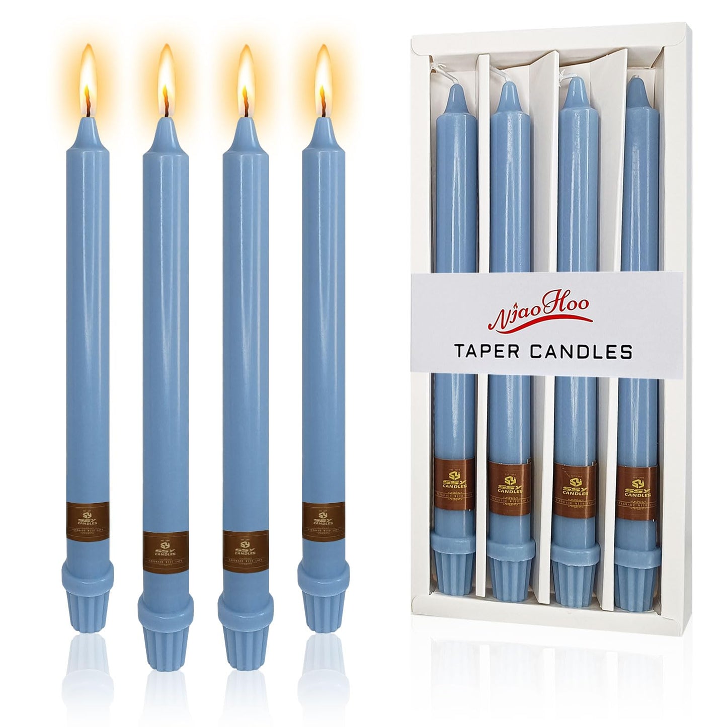NJAO HOO Grey Blue Candlesticks 10 Inch Handmade Dripless Taper Candles Unscented Colored Candle Set, Pack of 4 - Up to 9-11 Hours Burn