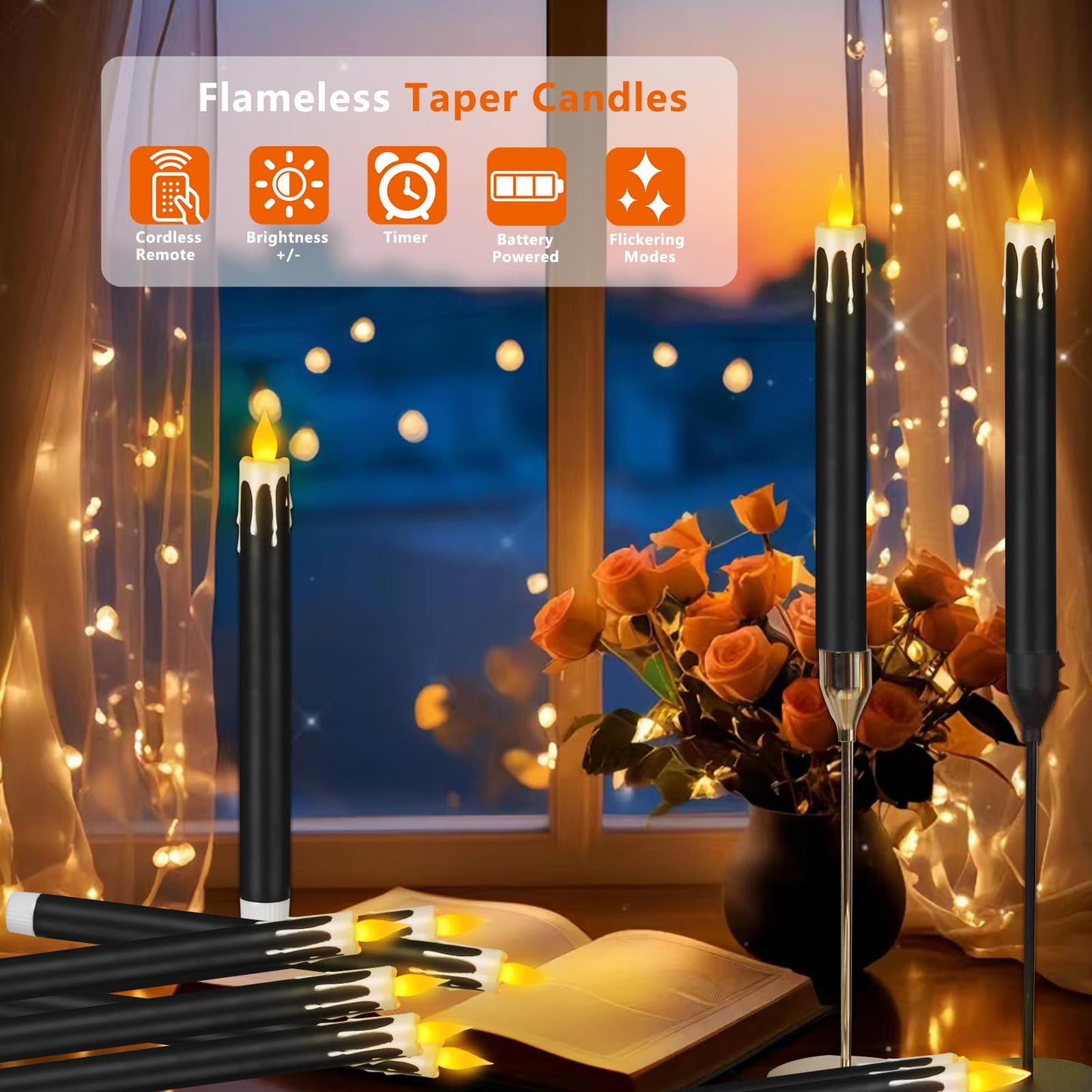 wemarry Flameless Taper Candles 10.6" Dripless Battery Operated Taper Candles Included Remote Timer 400+ Hours by 2AA Batteries for Halloween Christmas Wedding (Black+White, 12 Pack)