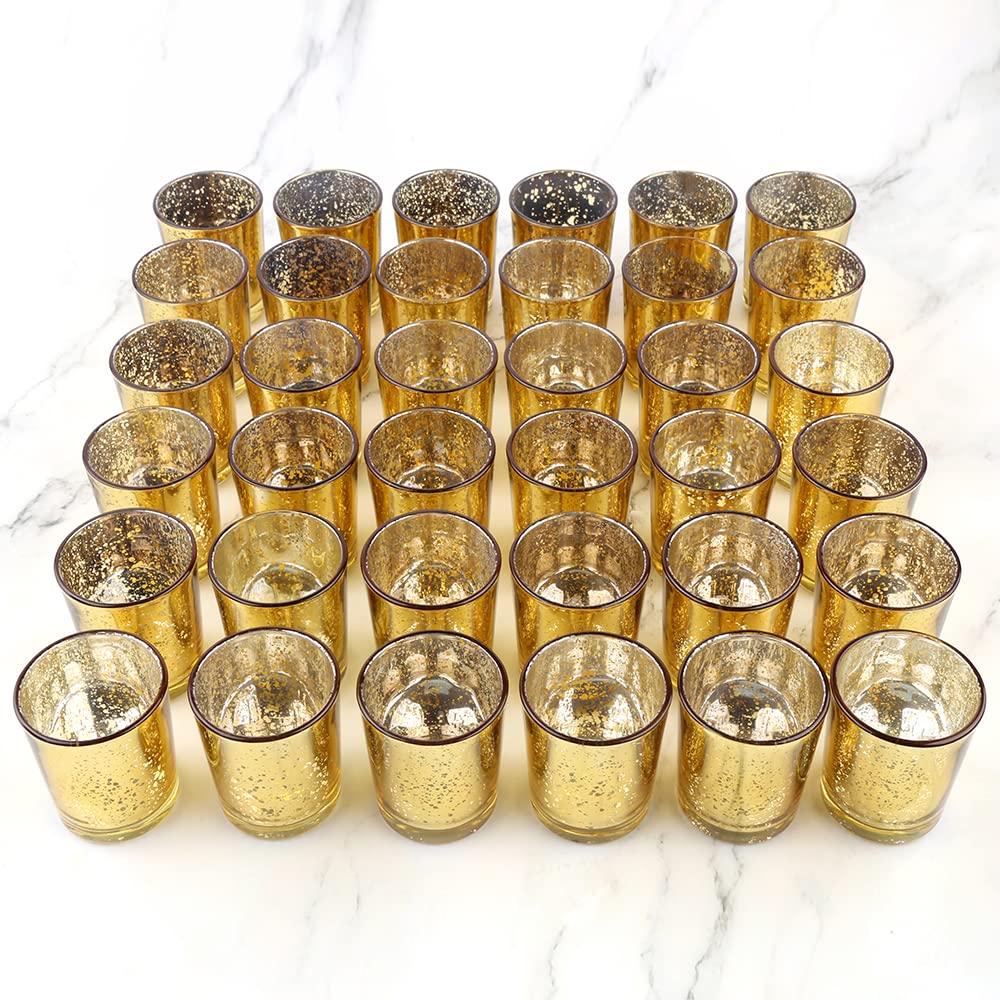 BTGLLAS 36pcs Gold Glass Tea Light Holders - Votive Candle Holders Bulk for Weddings Events - Glass Votives for Wedding Centerpieces, Christmas, Thanksgiving - Candle Accessories Decor (36, Gold)