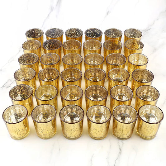 BTGLLAS 36pcs Gold Glass Tea Light Holders - Votive Candle Holders Bulk for Weddings Events - Glass Votives for Wedding Centerpieces, Christmas, Thanksgiving - Candle Accessories Decor (36, Gold)