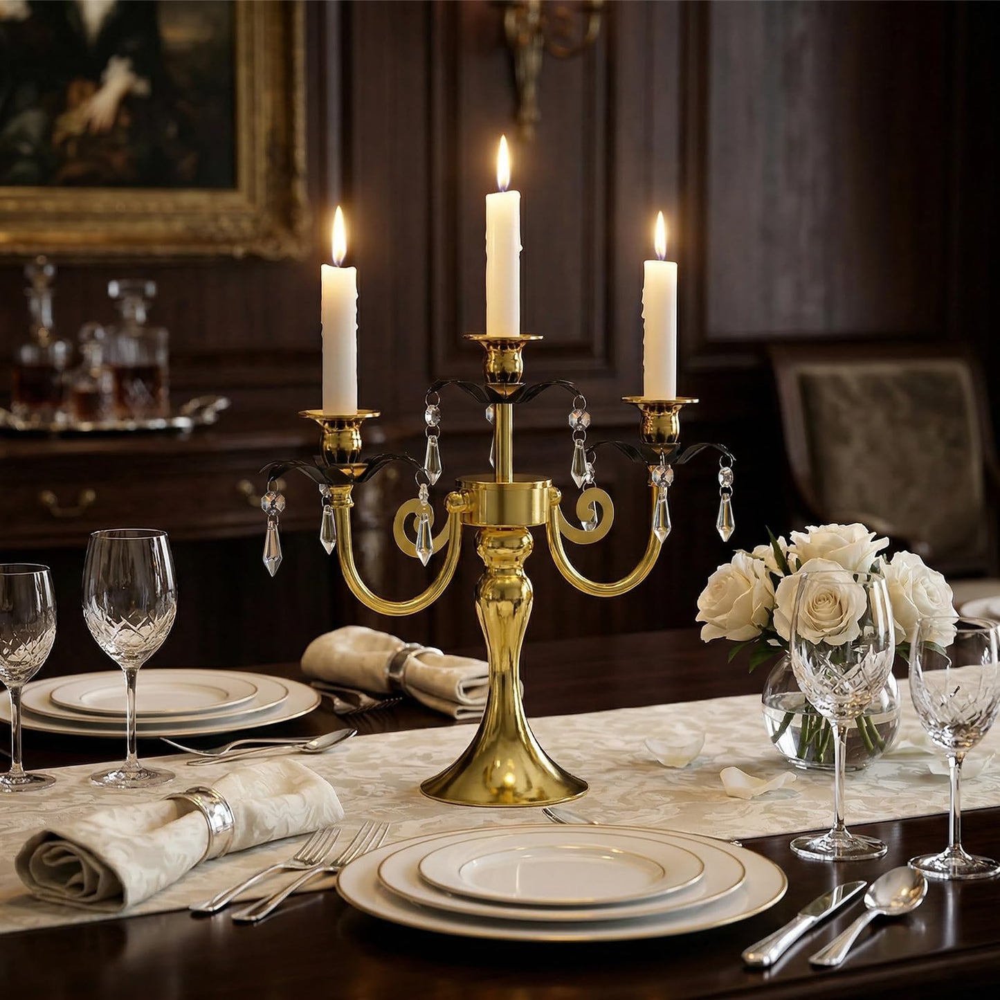 2 Pcs 3 Arm Black and Gold Metal Candelabra with Crystal Pendants - 11.8 Inch Tall Candle Holders, Elegant Taper Candlestick Stand for Wedding, Dining Table, Christmas Party Home Decoration