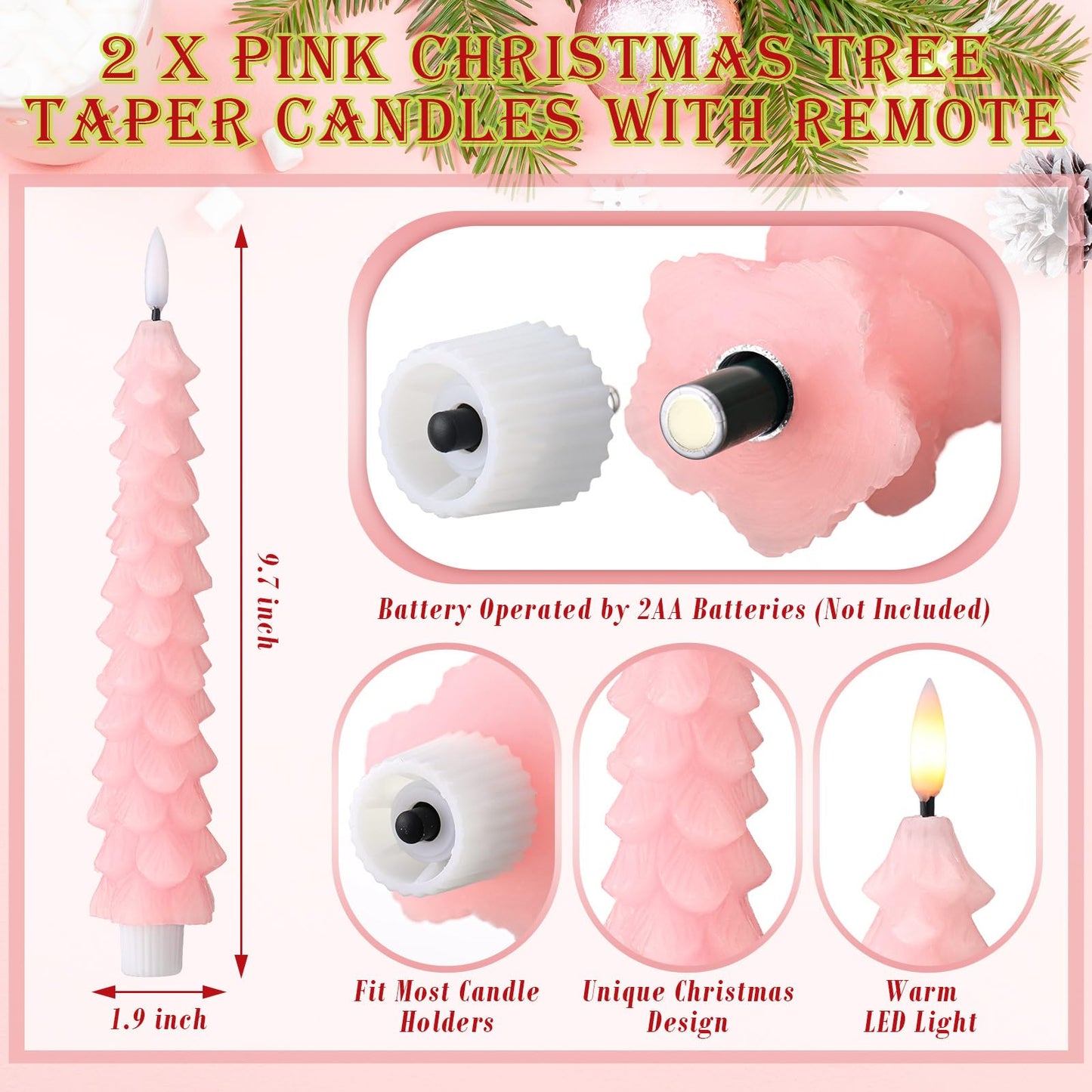 Tujoe 2 Pcs Pink Christmas Tree Flameless Taper Candles with Remote Xmas LED Candlesticks Battery Operated Electric Candlelights 3D Flickering Flame for Holiday Winter Party Table Centerpiece Decor