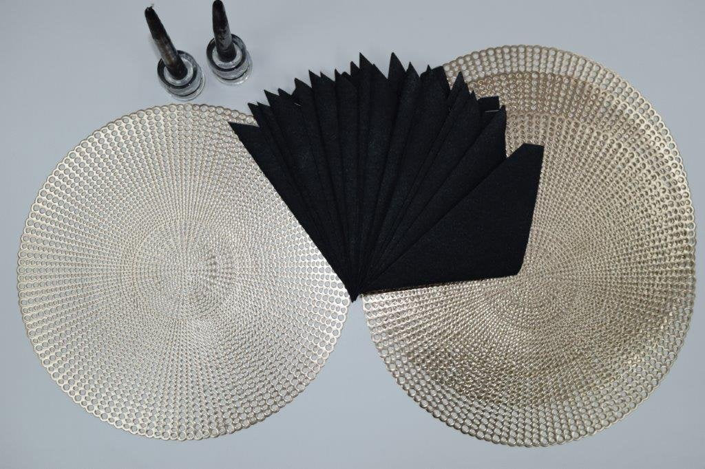 16" Round Placemats (Set of 4), 12 Prefolded 3 ply Napkins, 2 Matching Taper Candles, 2 Glass Candle Holders (Black)