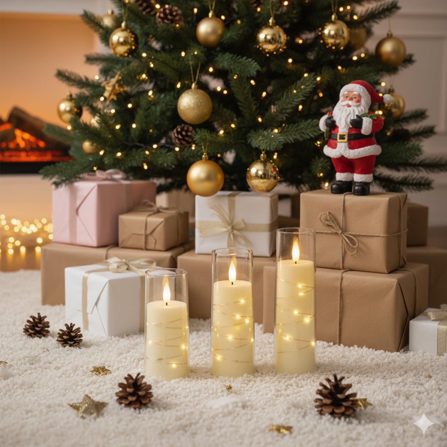 Raycare Flameless Candle with Remote Timer, 3 Flickering Acrylic Battery Operated LED Pillar Candles with Embedded Star String for Christmas, Wedding, Home Table Decor, and as a Gift (Ivory White)