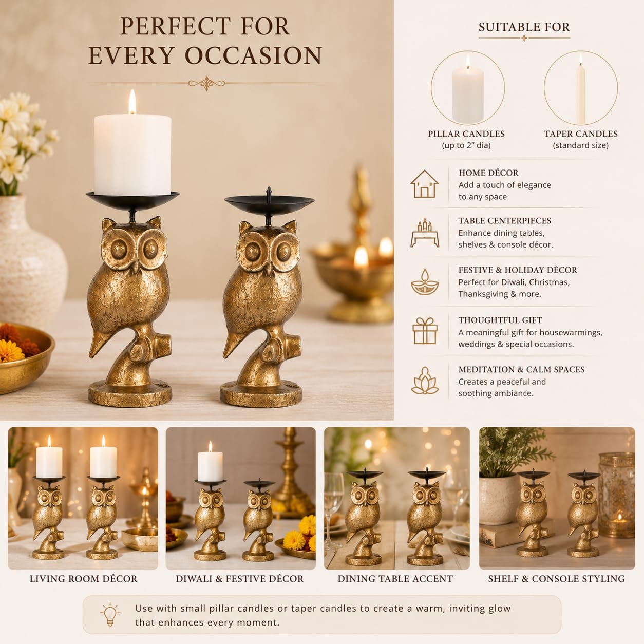 Gold Owl Candle Holder Set of 2 – Decorative Taper & Small Pillar Candlestick Holders for Dining Table, Living Room & Home Décor