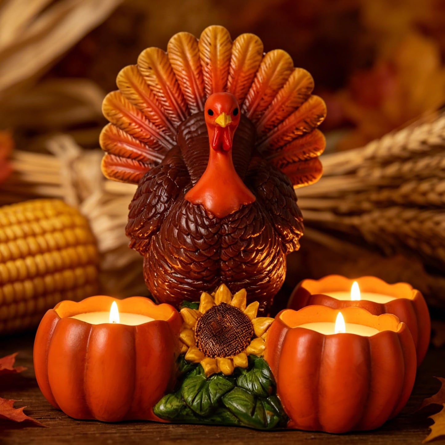 Thanksgiving Turkey Tealight Candle Holder with 3 Pumpkin & Sunflower Decor, Thanksgiving Table Centerpieces Autumn Votive Candle Holder Turkey Figurine for Fall Home Decor