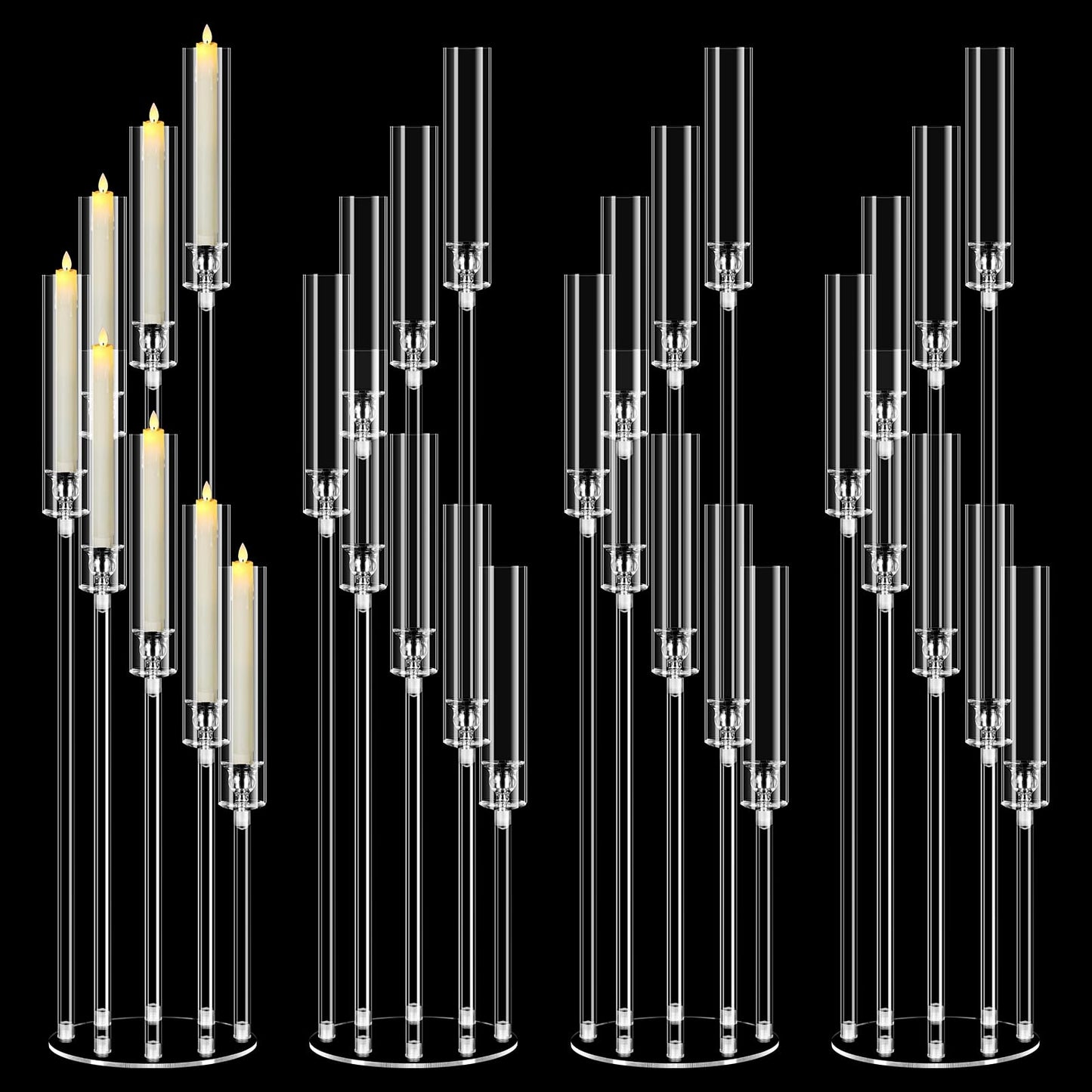 4 Set 8 Arm Acrylic Candle Holder, Mjkeomo 49.2'' Tall Candelabra Centerpieces for Tables Clear Candlesticks Holder for Housewarming Gift Fireplace Halloween Christmas Decor Fit 0.82'' LED Candle