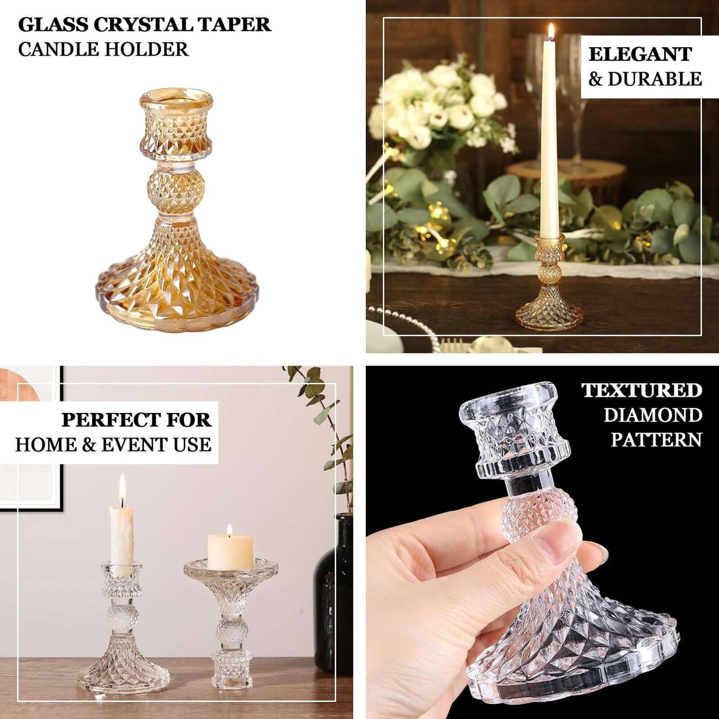 Efavormart 6 Pack Assorted Blue Glass Taper Candlestick Holders with Diamond Pattern, Reversible Crystal Pillar Votive Candle Stands - 4"