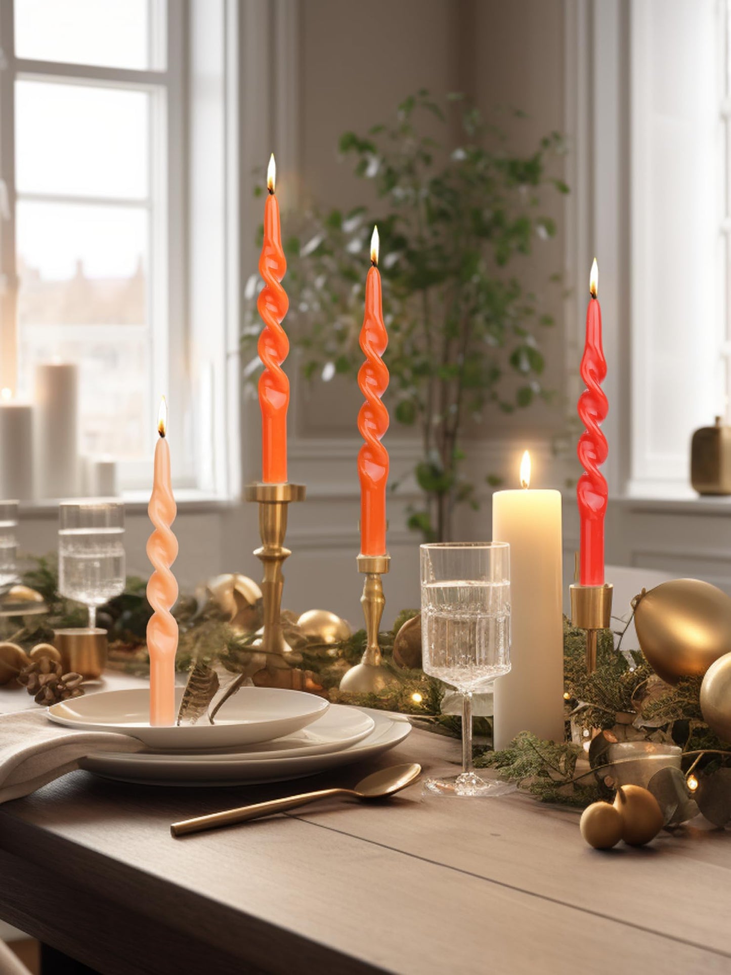 LPUSA Orange Spiral Taper Candles Twisted Candle Conical Stick Candles for Holiday Wedding Party Wax Unscented Dinner Candle Dripless,Christmas Gift H 10 Inch, 4pcs（Gradient Orange-B）