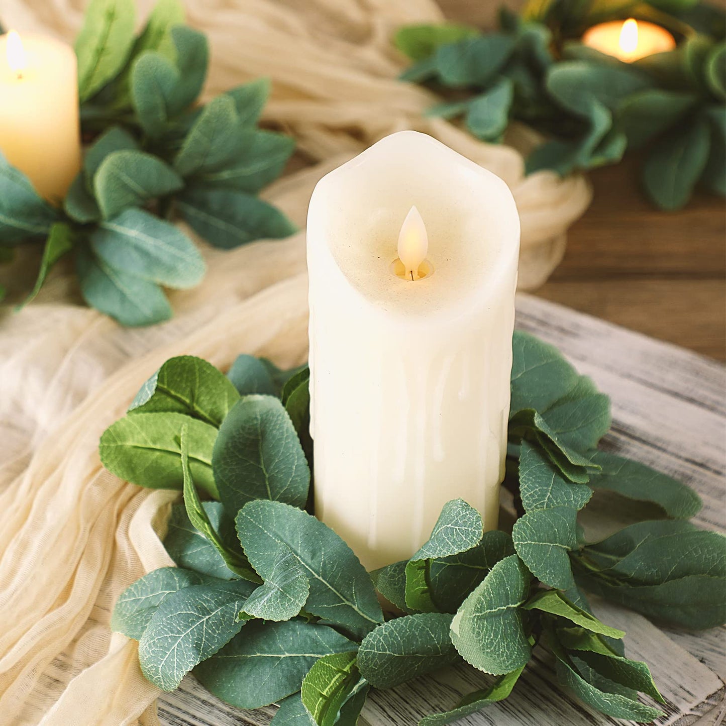 Panelee 20 Pcs Candle Rings Artificial Eucalyptus Candle Wreath Rings Greenery Leaves Boho Candles Garland Pillar for Wedding(Cute Leaf Style)