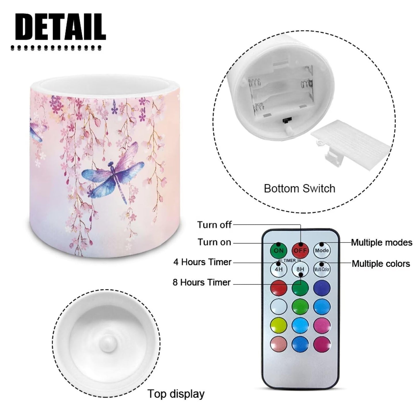 Cozeyat Cherry Blossom Dragonfly LED Candles Set of 4 Battery Powered Flameless with Remote Timer Flickering Flame Waterproof for Beach Home Table Use