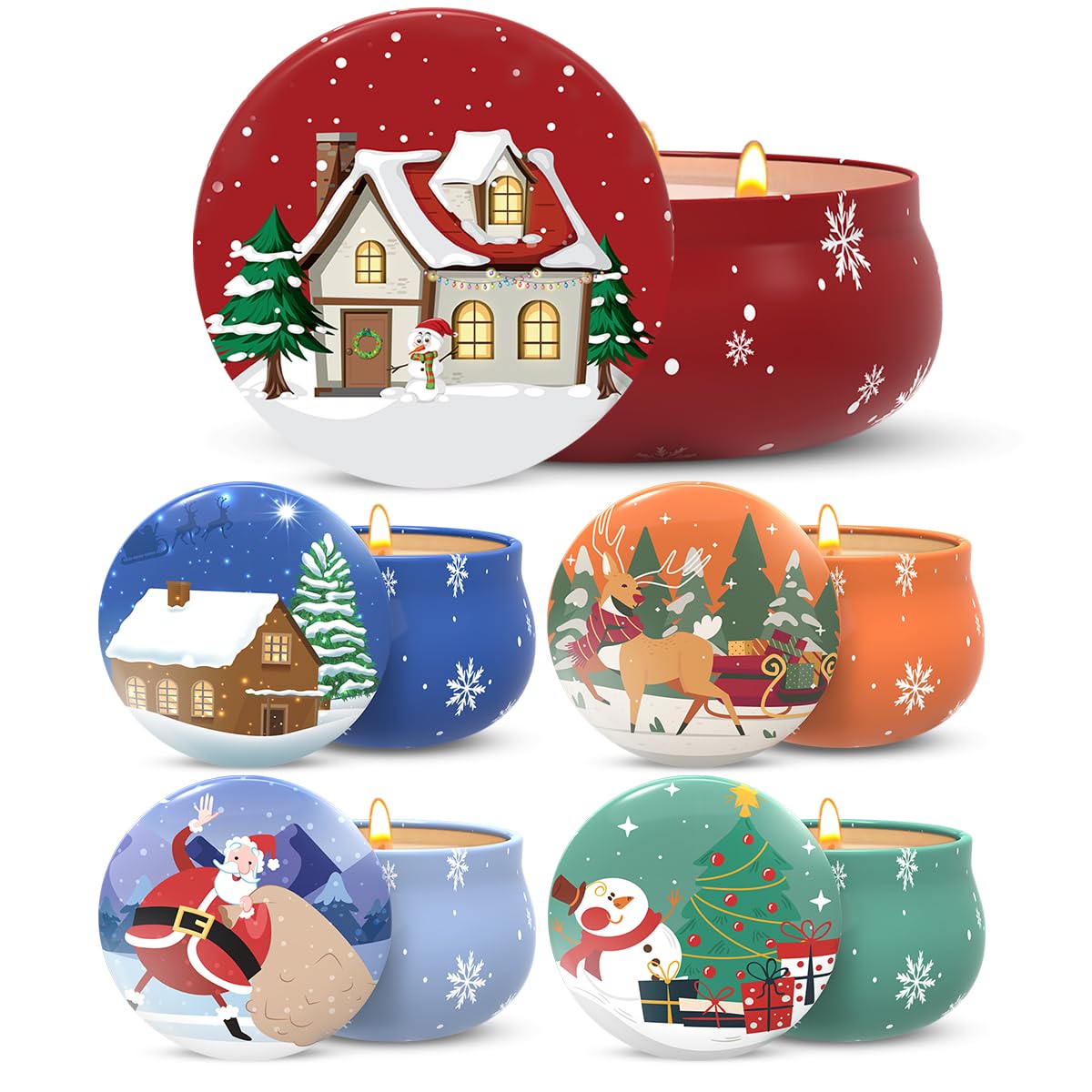 Set of 5 Christmas Themed Scented Candles Gift Set for Women, Natural Soy Wax Aromatherapy Candles for Home Decor - Lavender, Cookie, Vanilla&Cake, Apple and Cedar Fragrance